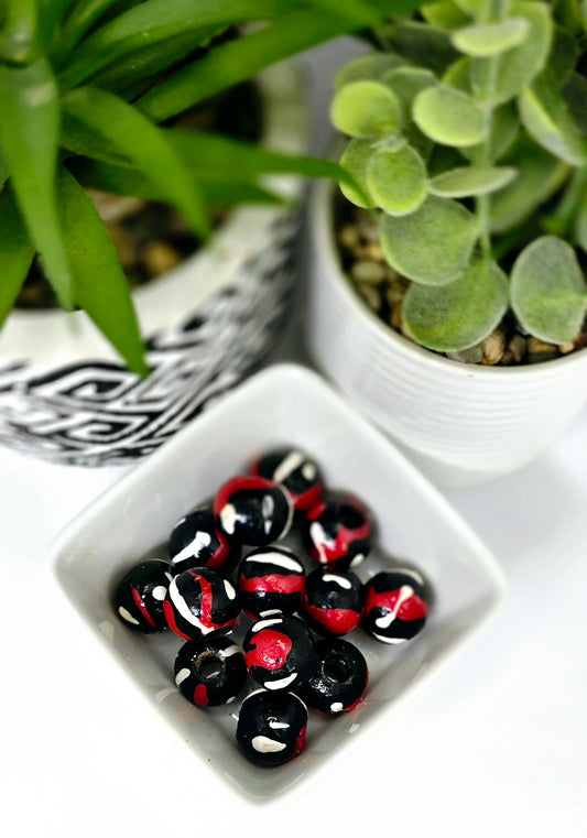 Red Black and White Hand-Painted Beads