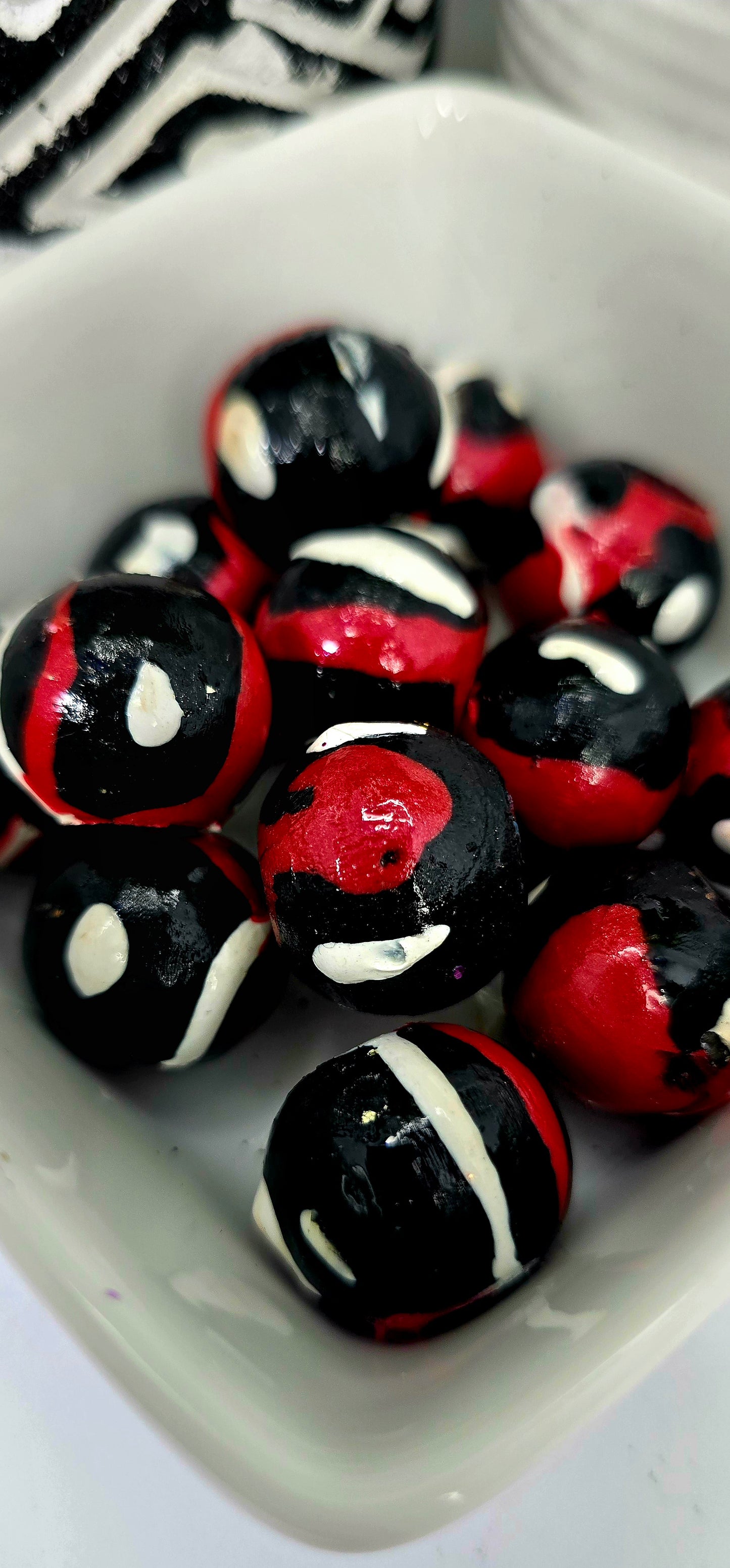Red Black and White Hand-Painted Beads