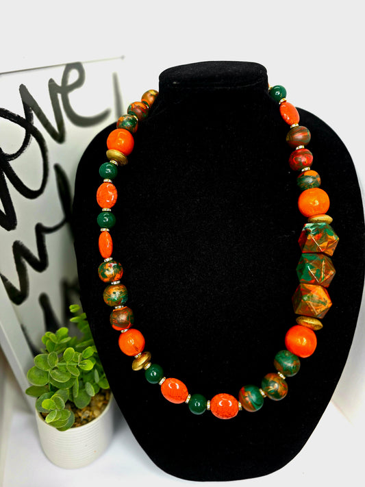 Bold Handmade Beaded Statement Necklace – Orange, Green & Gold | Chic & Fly Exclusive