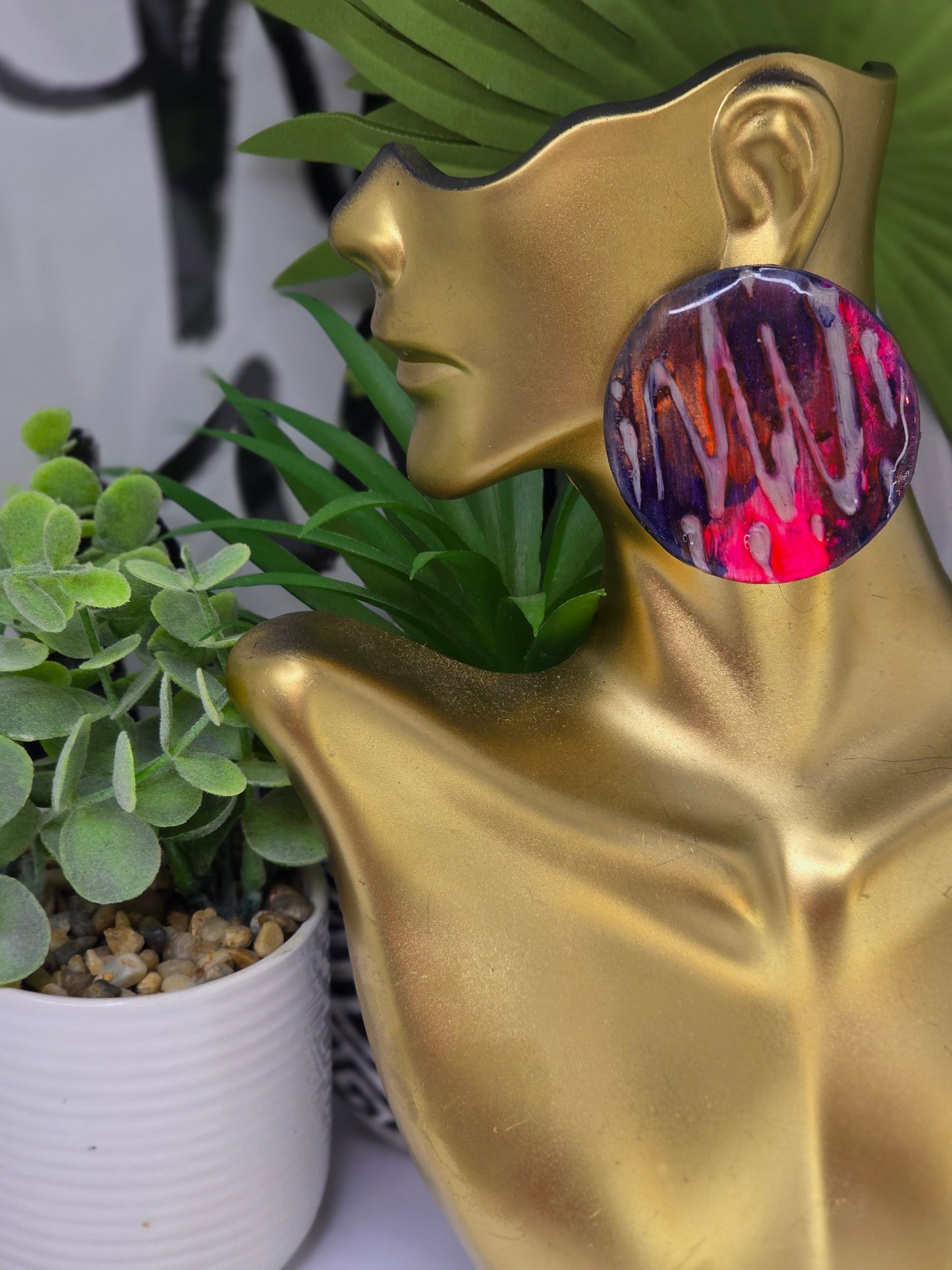 Ms. Constance Hand-painted Orange, Neon Pink, Blue oversized oval stud earring