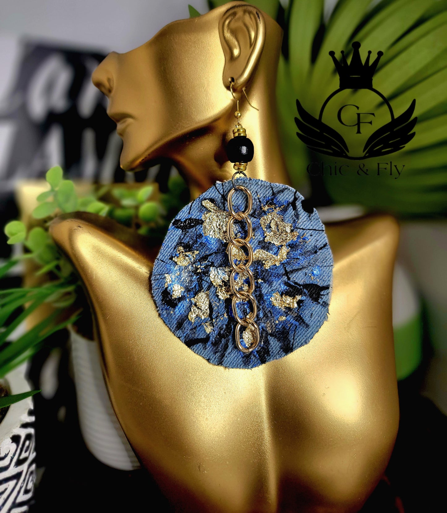 Ms.Sapphire Denim Blue Gold Black and Pearl White Fashion Earrings image 0