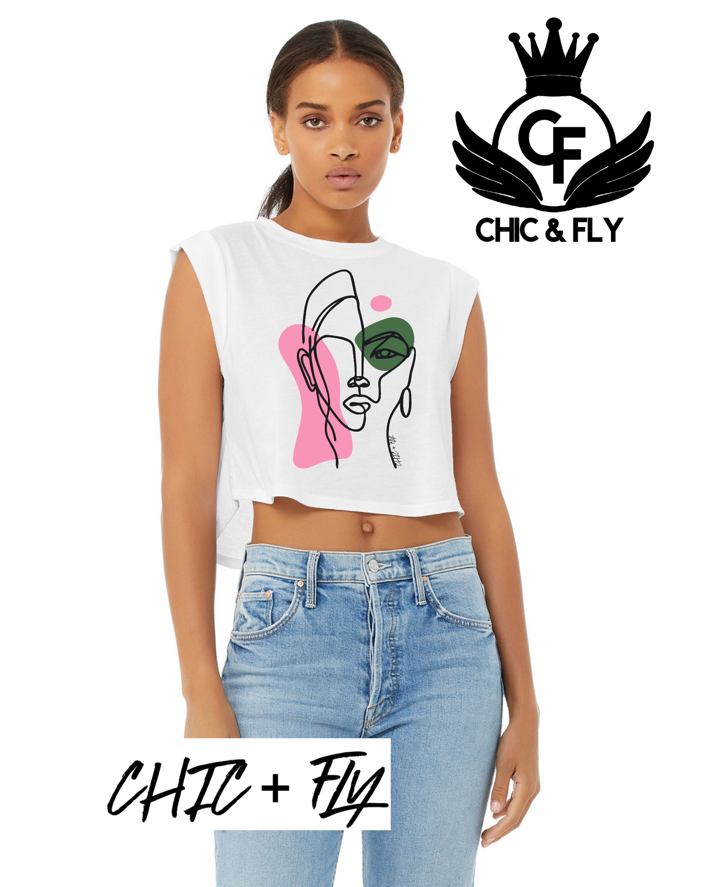 Chic + Fly Pink and Green Abstract Line Art Graphic Top... Chic and Fly Line Art Collection
