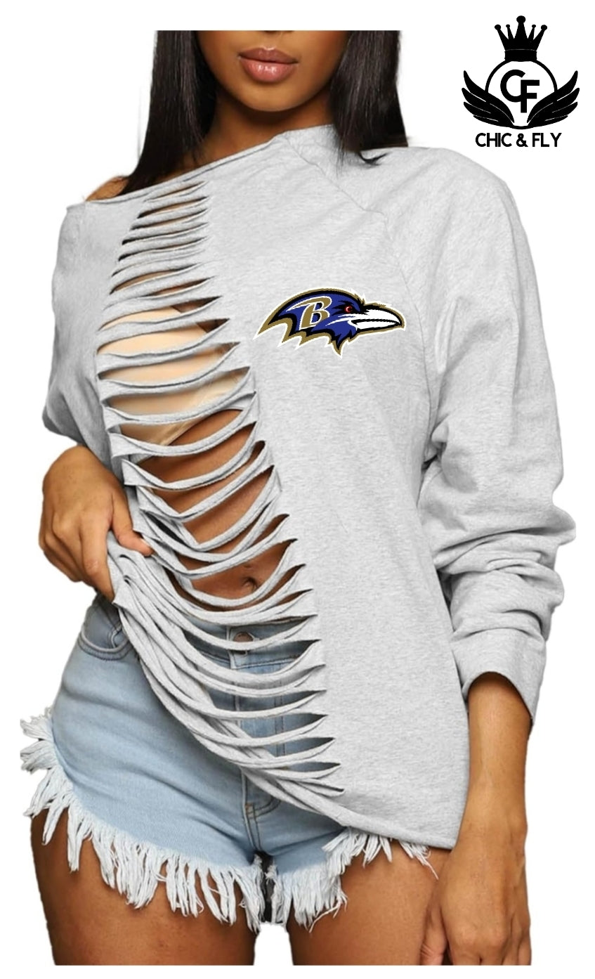 Ravens Ripped Off Shoulder Sweatshirt