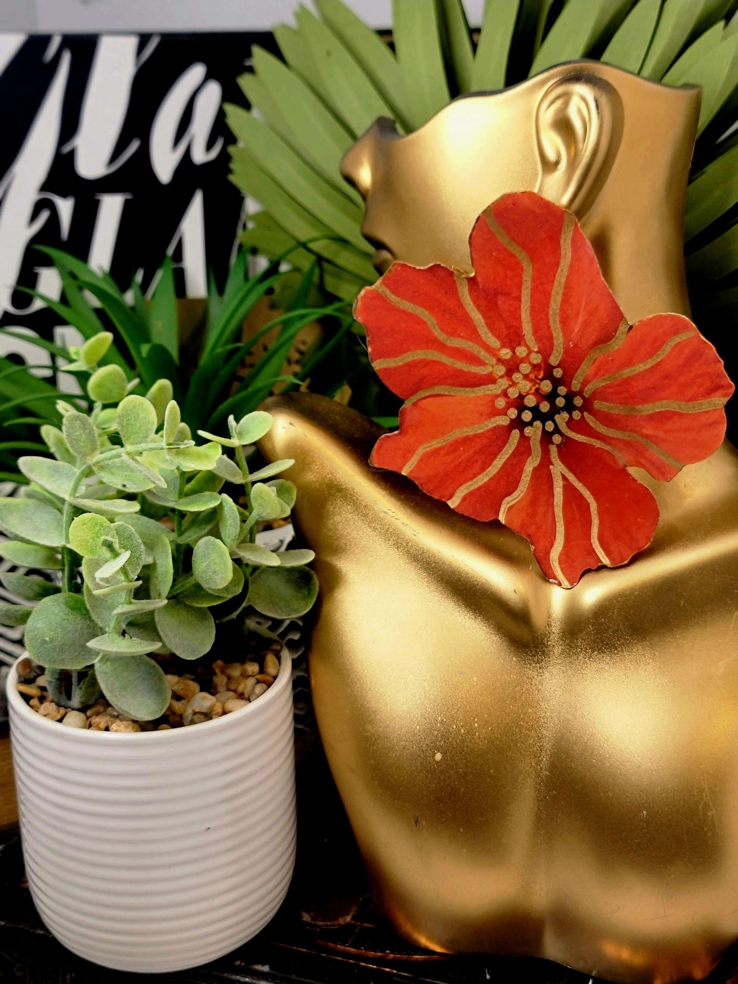 Ms. Hannah Floral Collection Red and Gold Stripe Hibiscus Fashion Earrings image 2