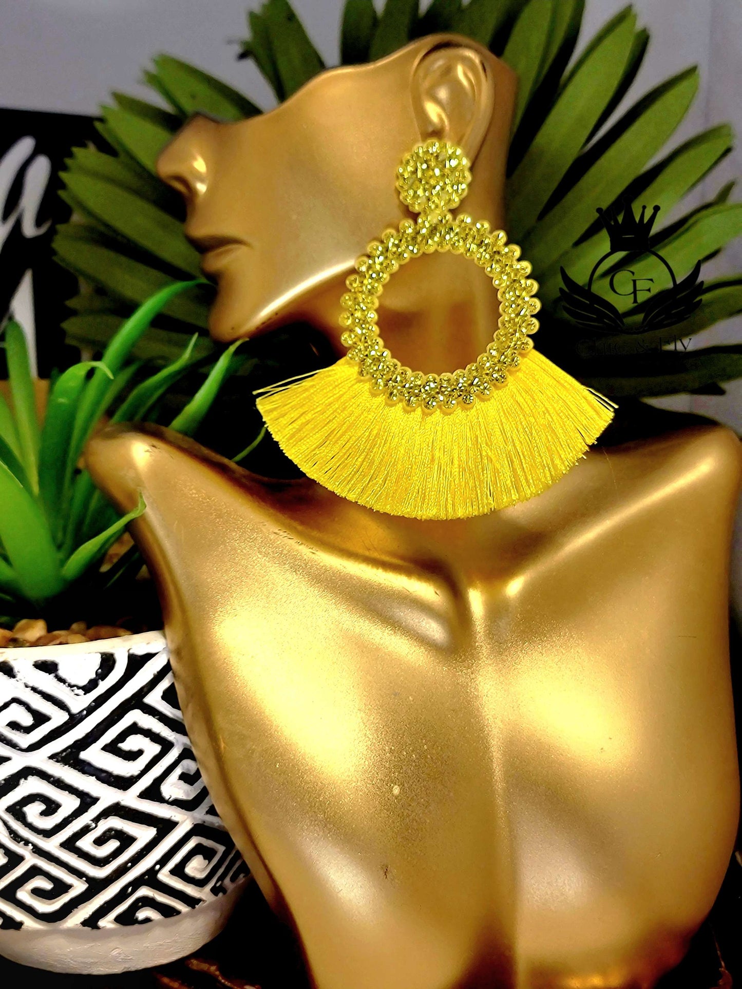 Ms.Glitzy Yellow Sparkle Fringe Statement Earrings image 0