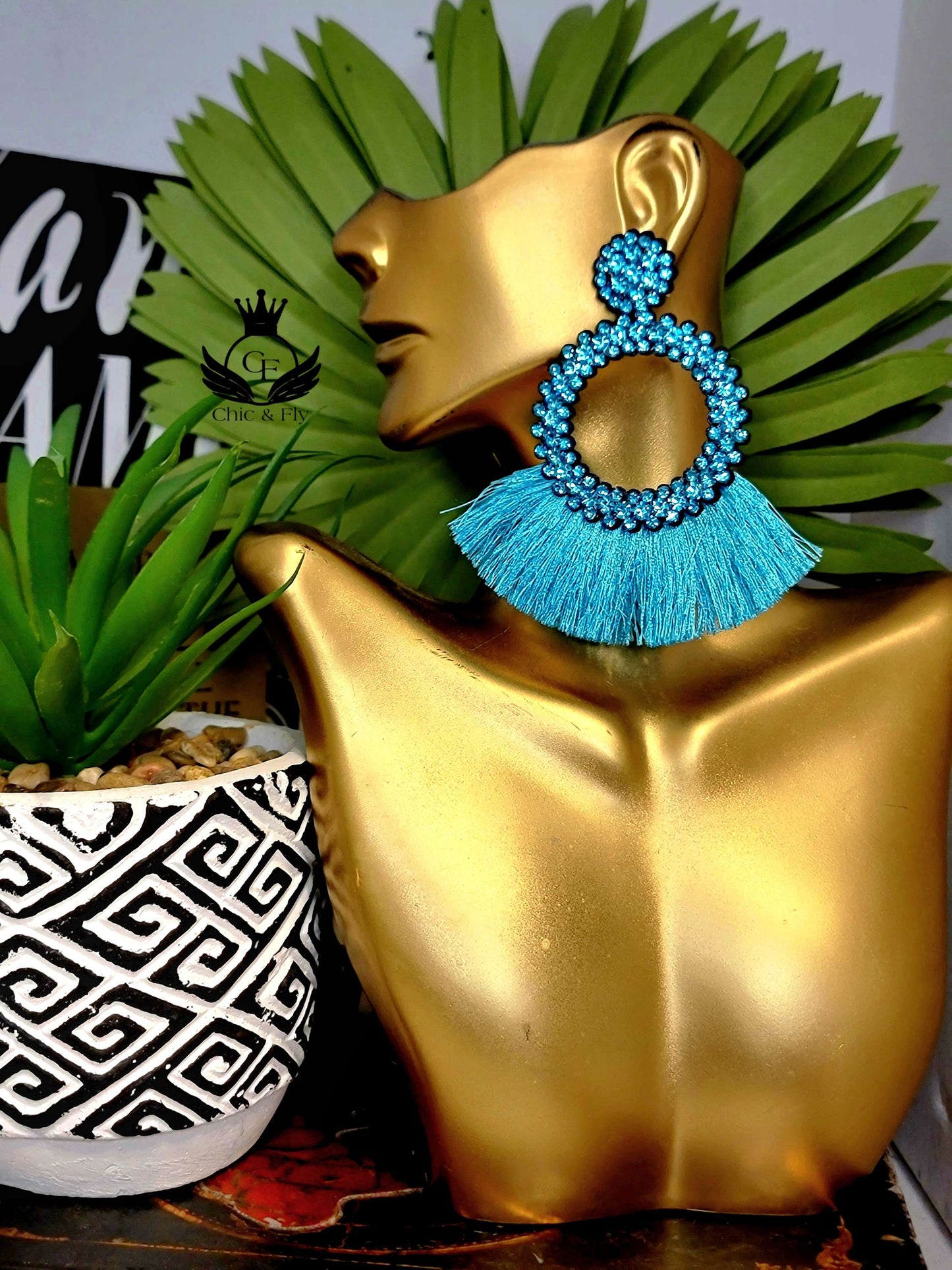 Ms.Glitzy Turquoise Sparkle Fringe Statement Earrings image 0