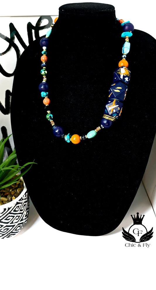 Ms. Nina Necklace, Navy Blue, Orange, Turqouise, White and Gold image 1