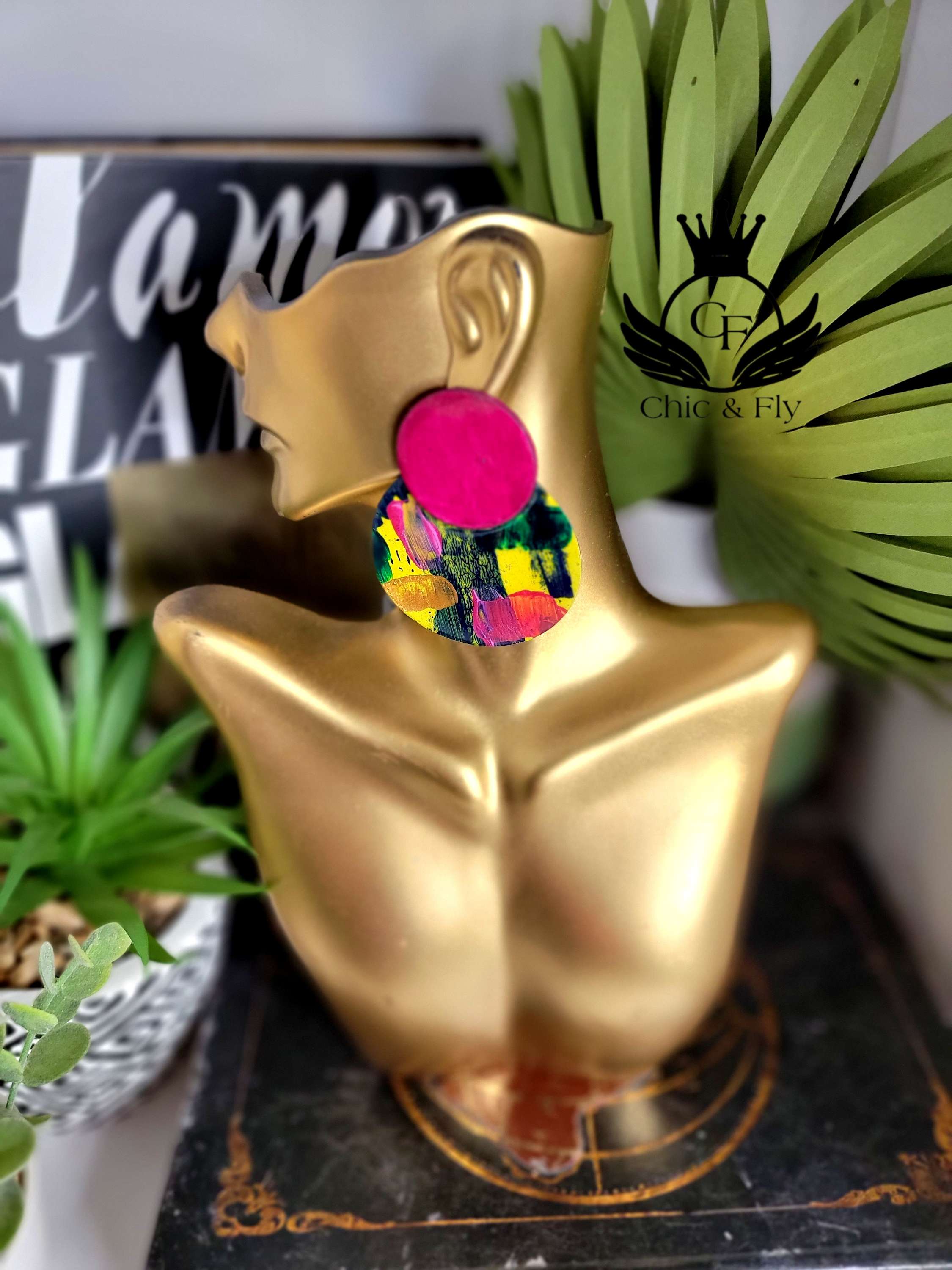 Ms.Yeonda Hot Pink Yellow Navy Teal and Metallic Gold Fashion Earrings image 4