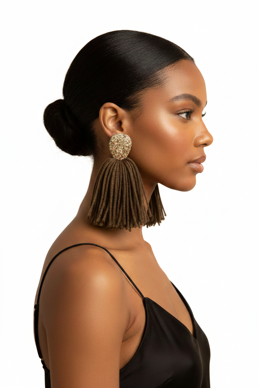Hand Painted Brown Gold Glitter Fringe Earrings, Bold Statement Jewelry