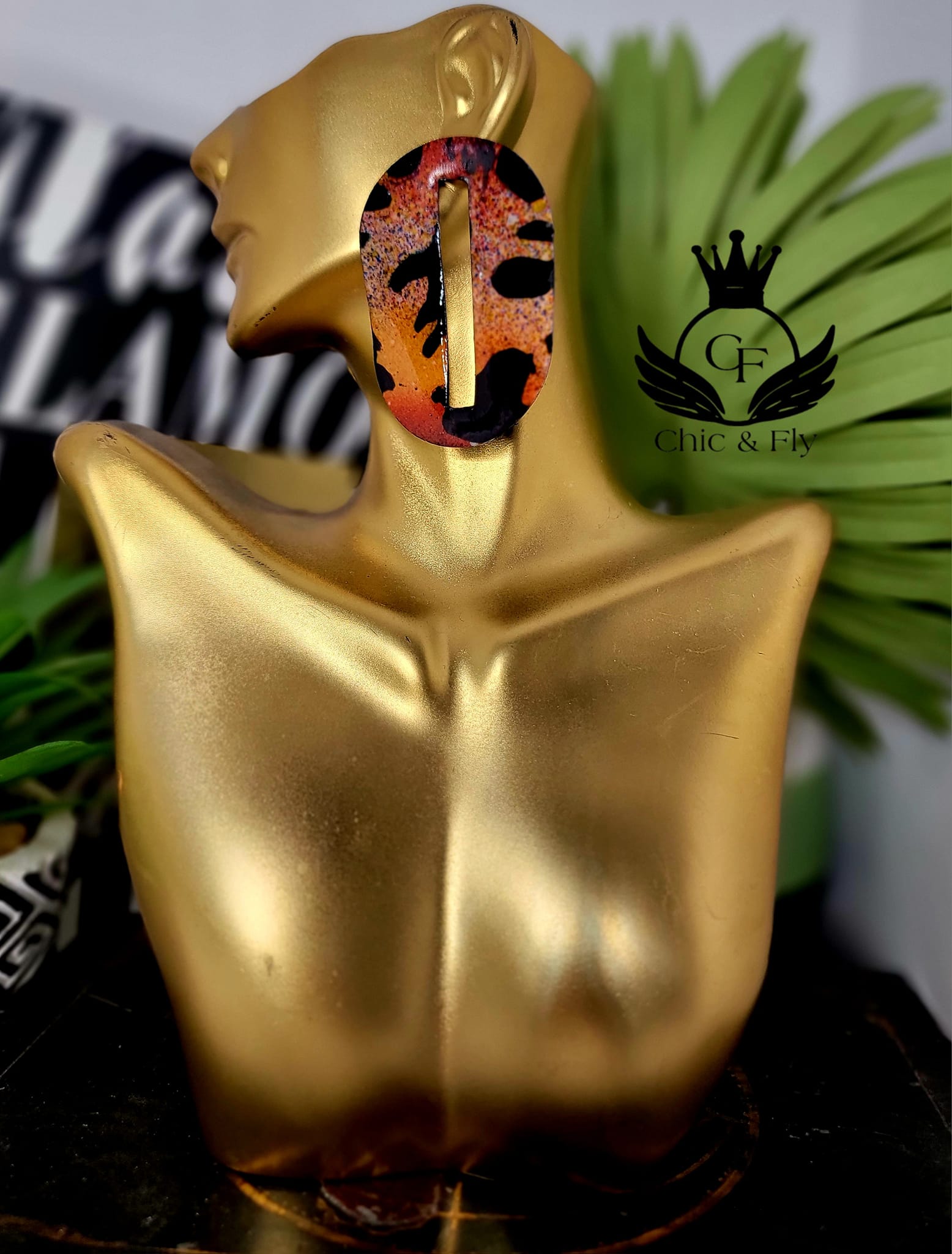 Ms. Melissa Hand-painted Orange, Black, Blue oversized oval stud earring image 0