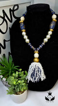 Ms. Denim Necklace, Denim Blue, White and Gold