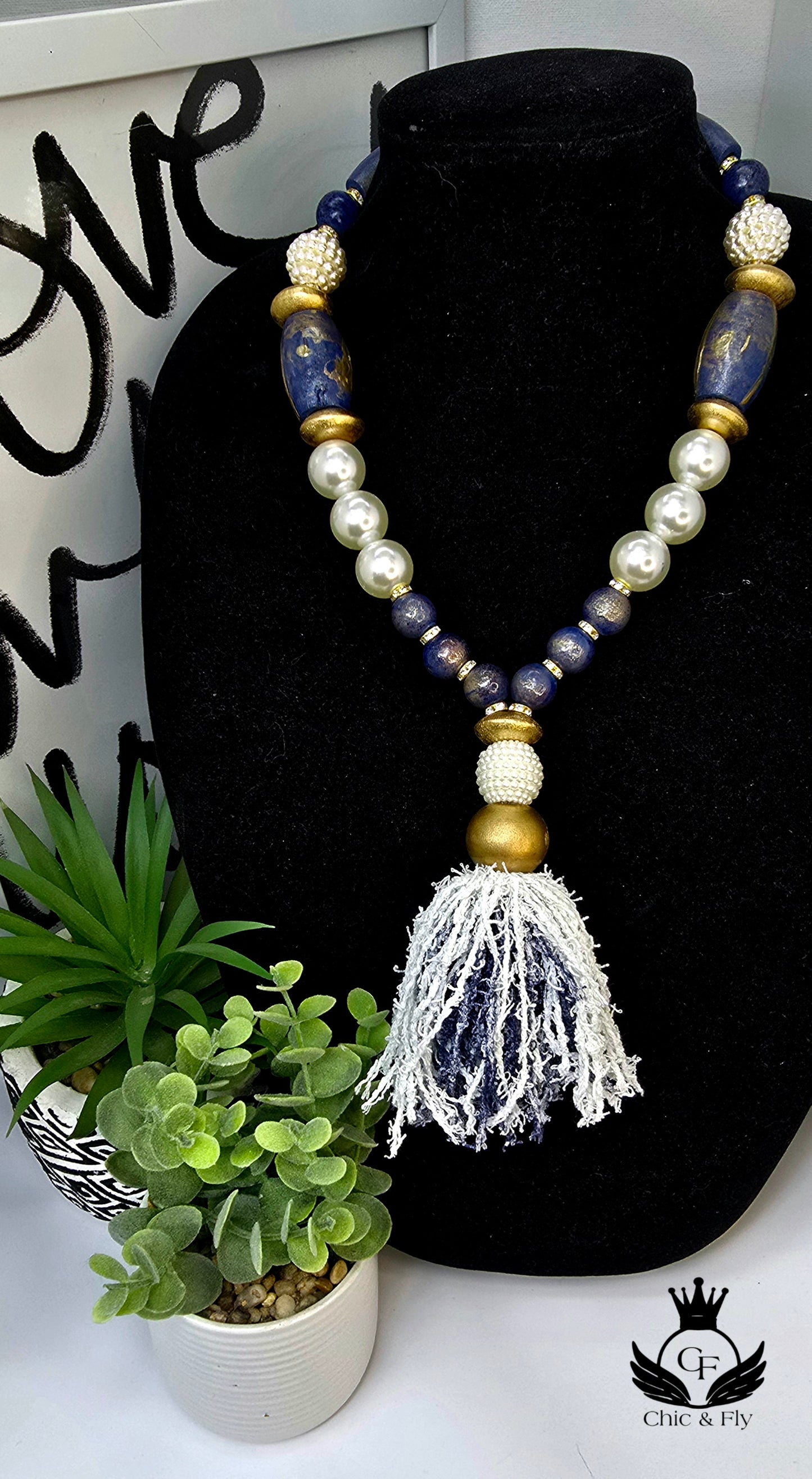 Ms. Denim Necklace, Denim Blue, White and Gold