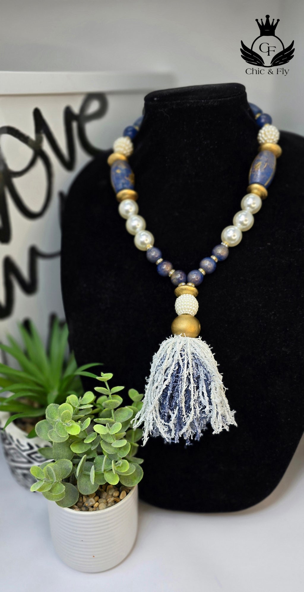 Ms. Denim Necklace, Denim Blue, White and Gold