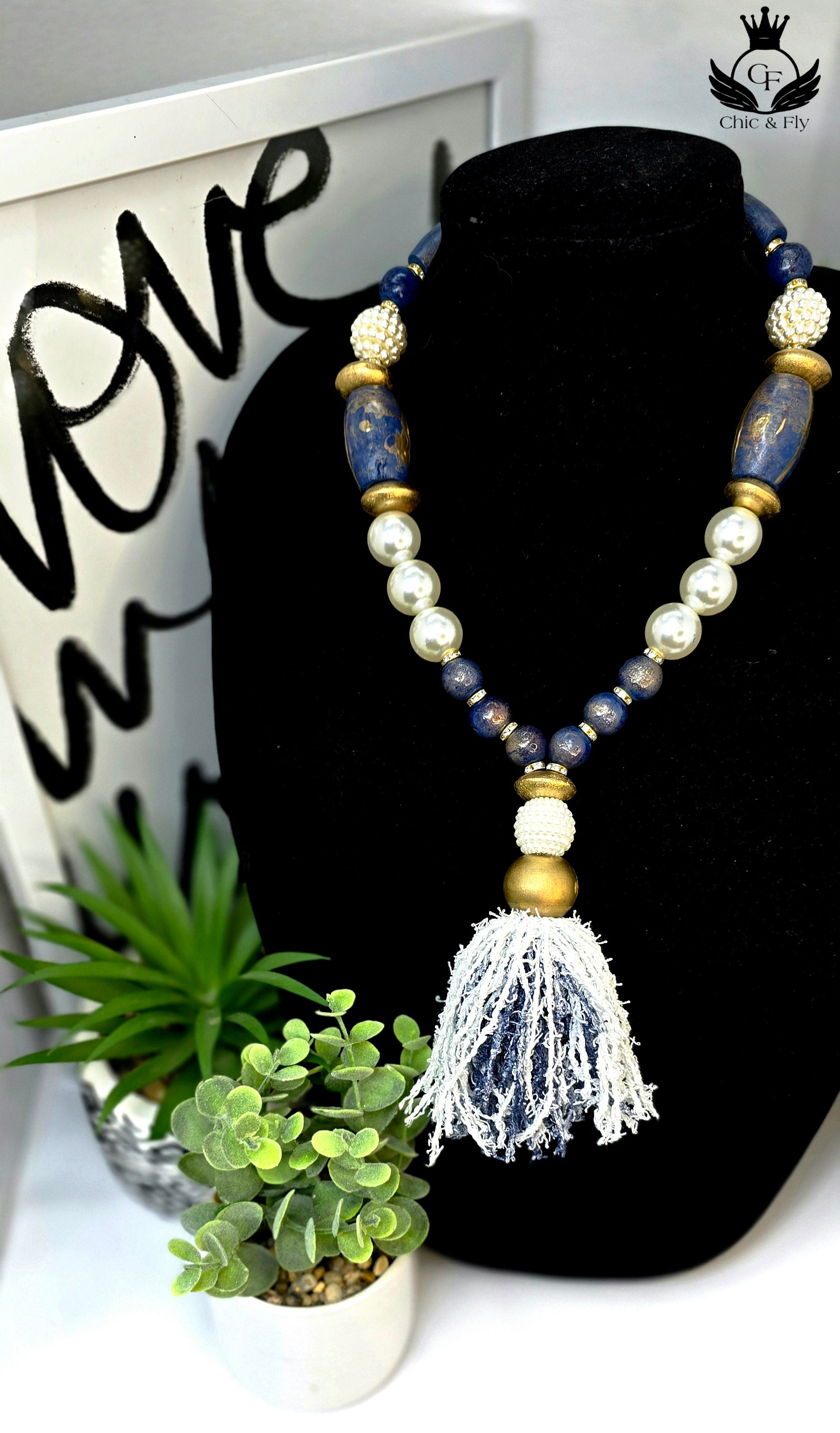 Ms. Denim Necklace, Denim Blue, White and Gold