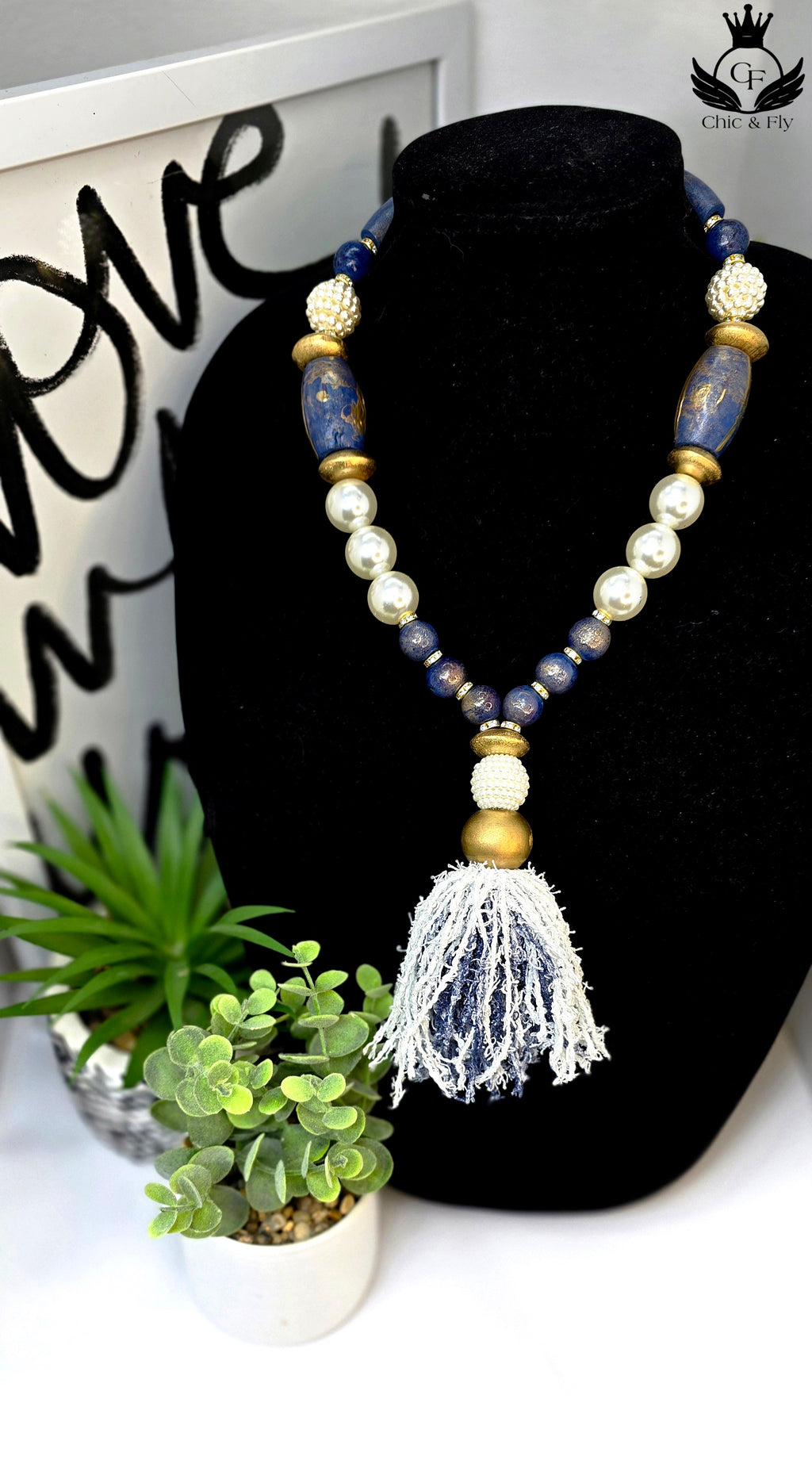 Ms. Denim Necklace, Denim Blue, White and Gold