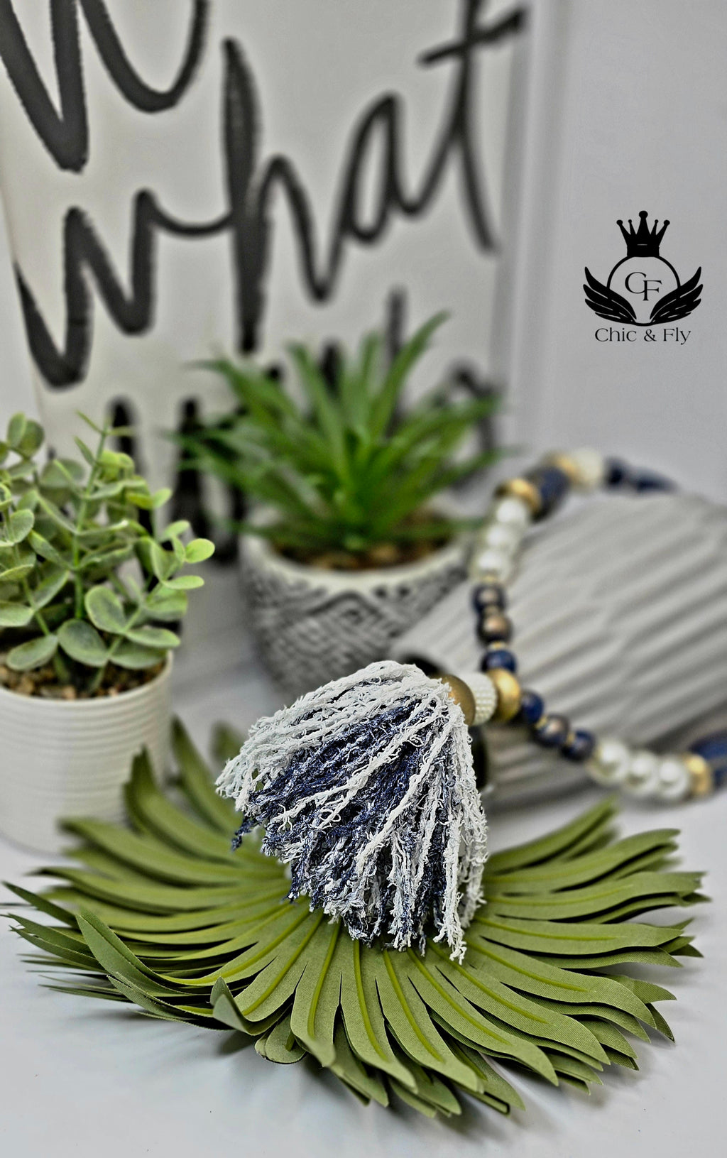 Ms. Denim Necklace, Denim Blue, White and Gold