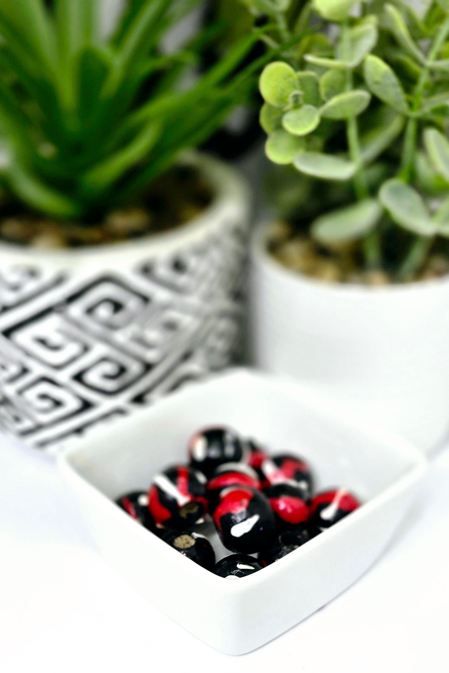 Red Black and White Hand-Painted Beads