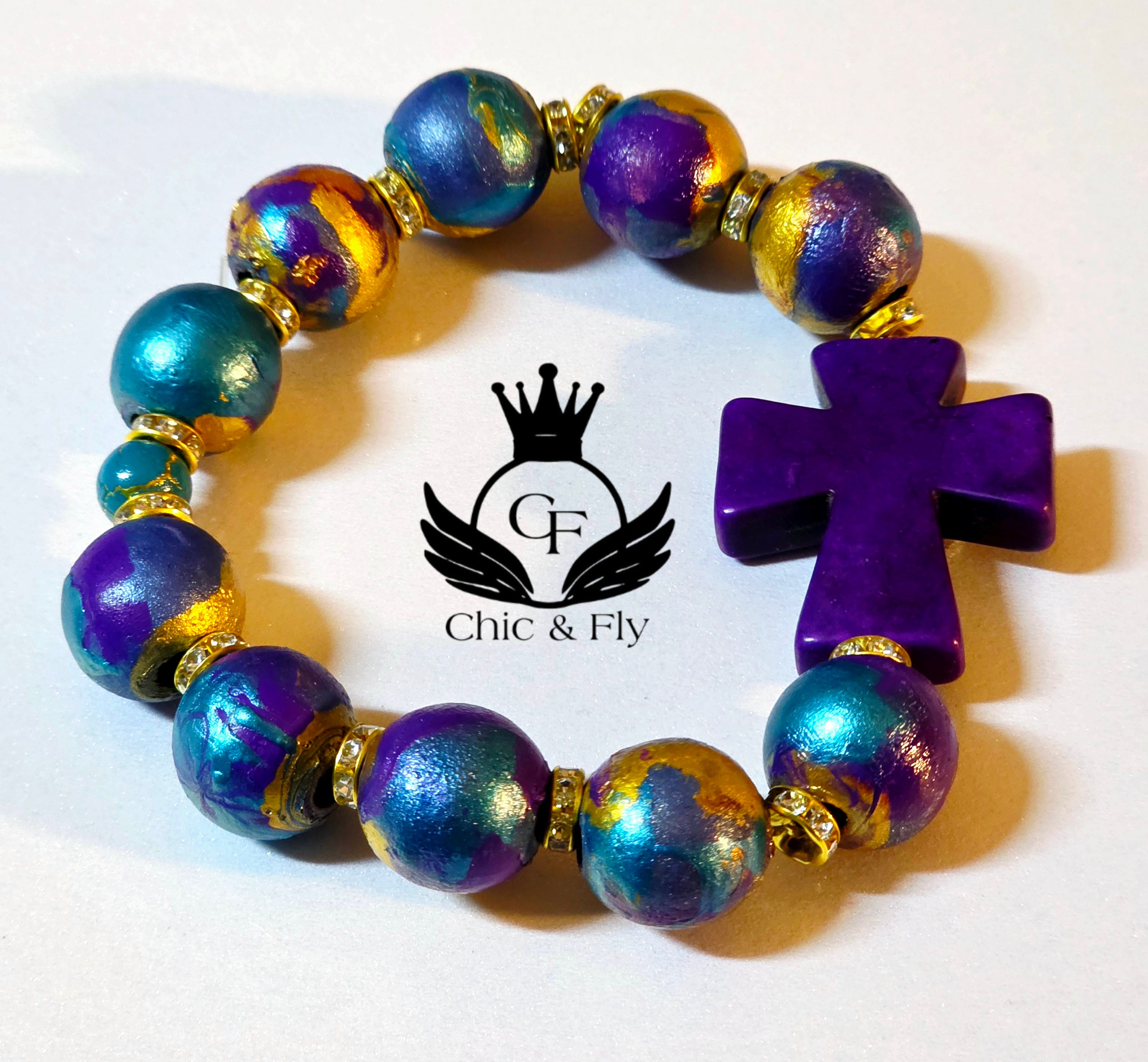 Turquoise Gold and Deep Purple  Hand Painted Beaded Bracelet, Colorful Artisan Statement Jewelry Gift