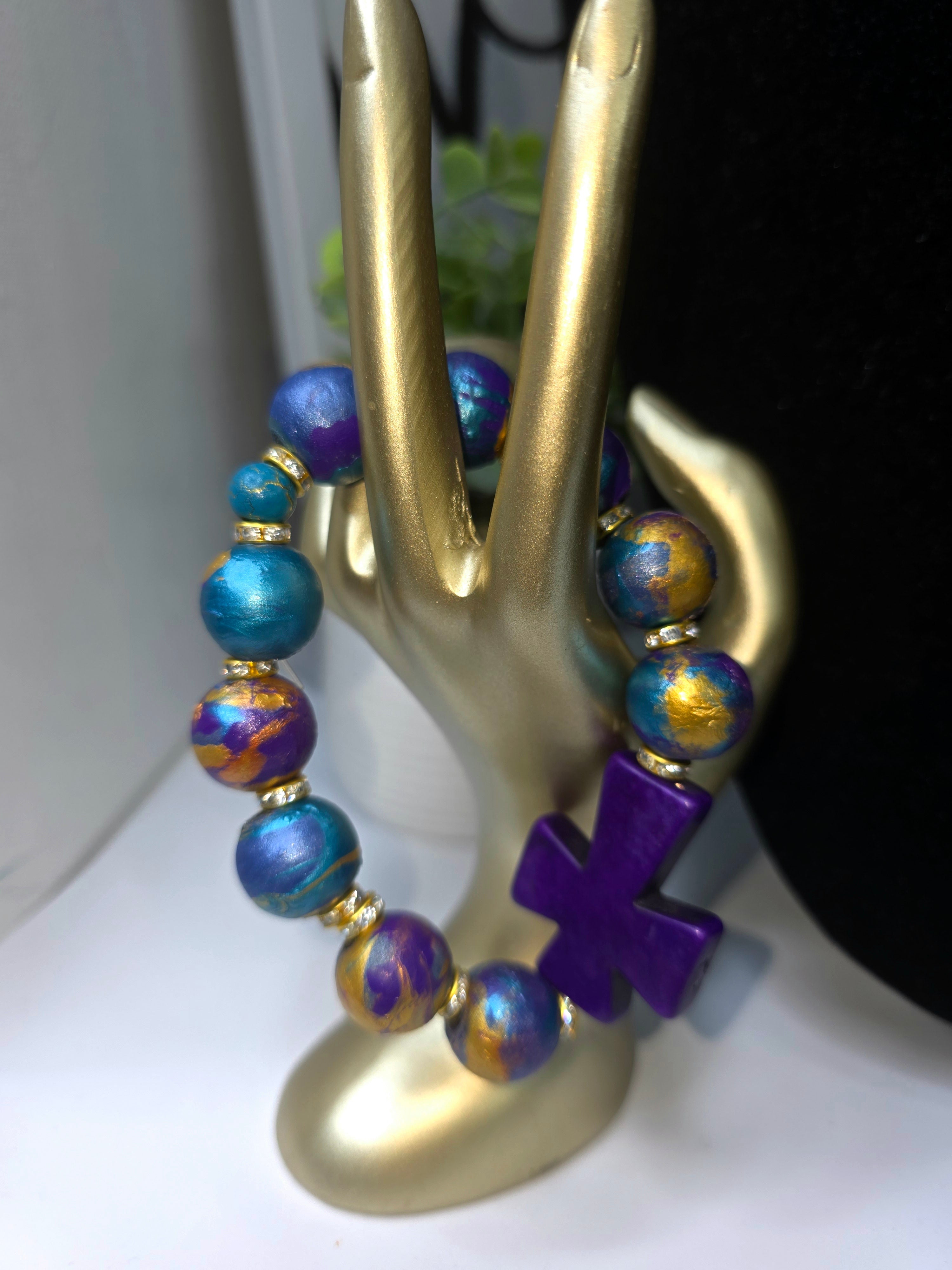 Turquoise Gold and Deep Purple  Hand Painted Beaded Bracelet, Colorful Artisan Statement Jewelry Gift