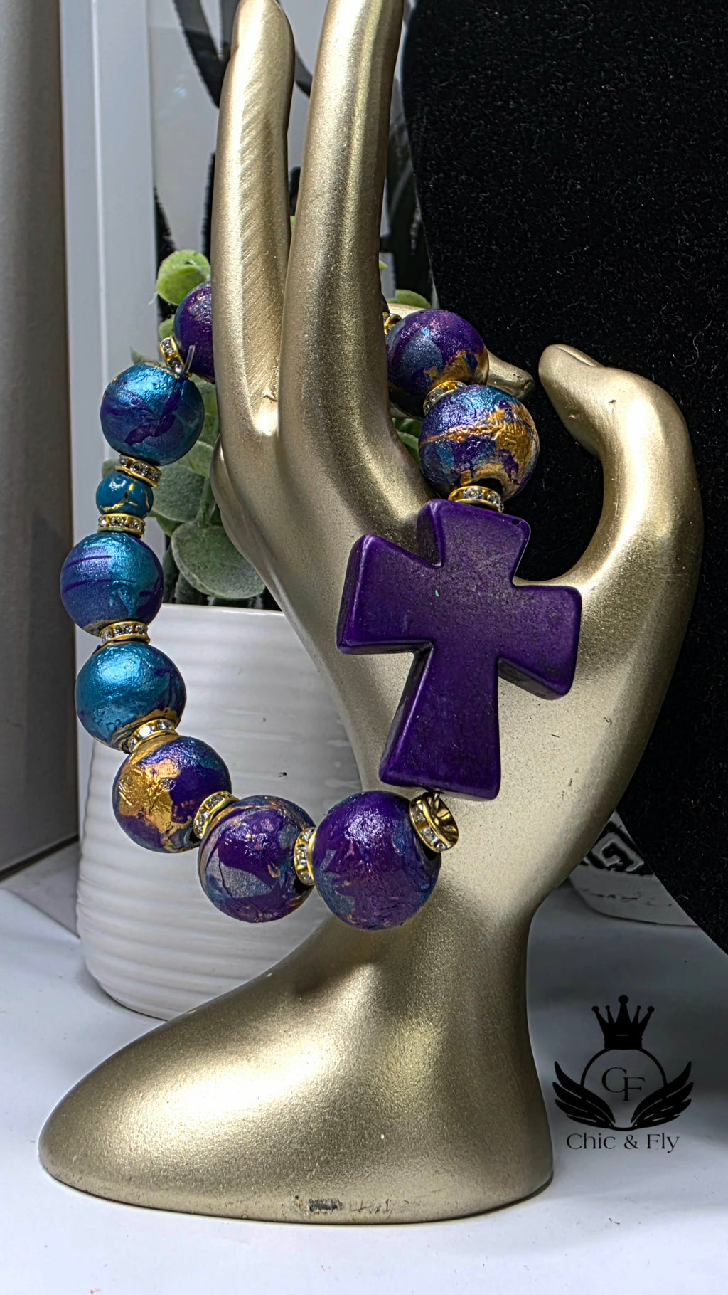 Turquoise Gold and Deep Purple  Hand Painted Beaded Bracelet, Colorful Artisan Statement Jewelry Gift