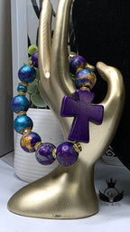 Turquoise Gold and Deep Purple  Hand Painted Beaded Bracelet, Colorful Artisan Statement Jewelry Gift