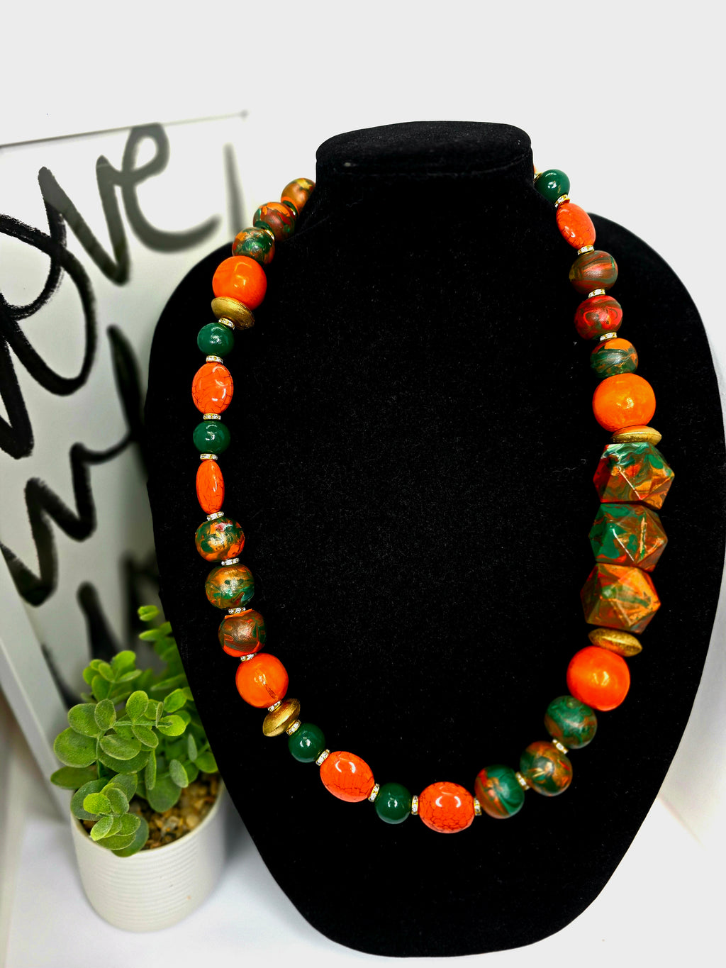 Bold Handmade Beaded Statement Necklace – Orange, Green & Gold | Chic & Fly Exclusive