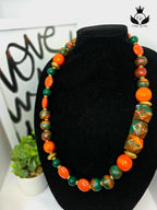 Bold Handmade Beaded Statement Necklace – Orange, Green & Gold | Chic & Fly Exclusive