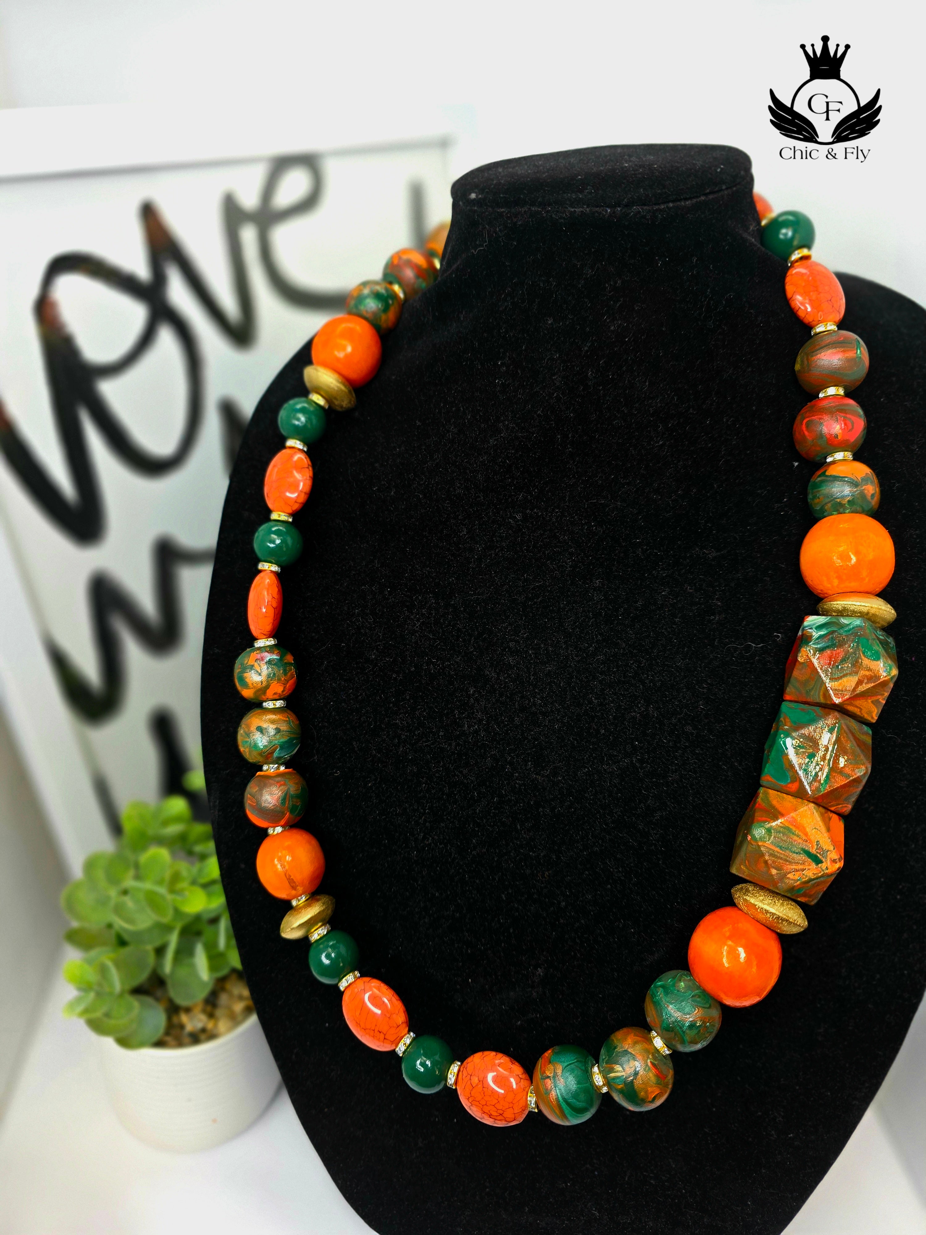 Bold Handmade Beaded Statement Necklace – Orange, Green & Gold | Chic & Fly Exclusive