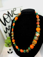Bold Handmade Beaded Statement Necklace – Orange, Green & Gold | Chic & Fly Exclusive