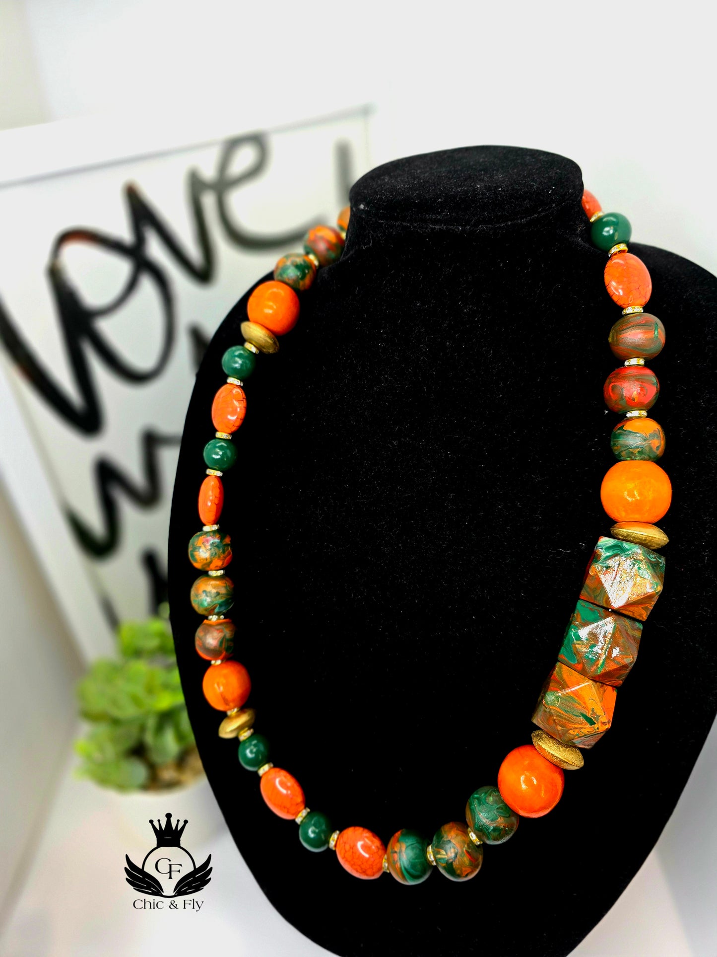 Bold Handmade Beaded Statement Necklace – Orange, Green & Gold | Chic & Fly Exclusive