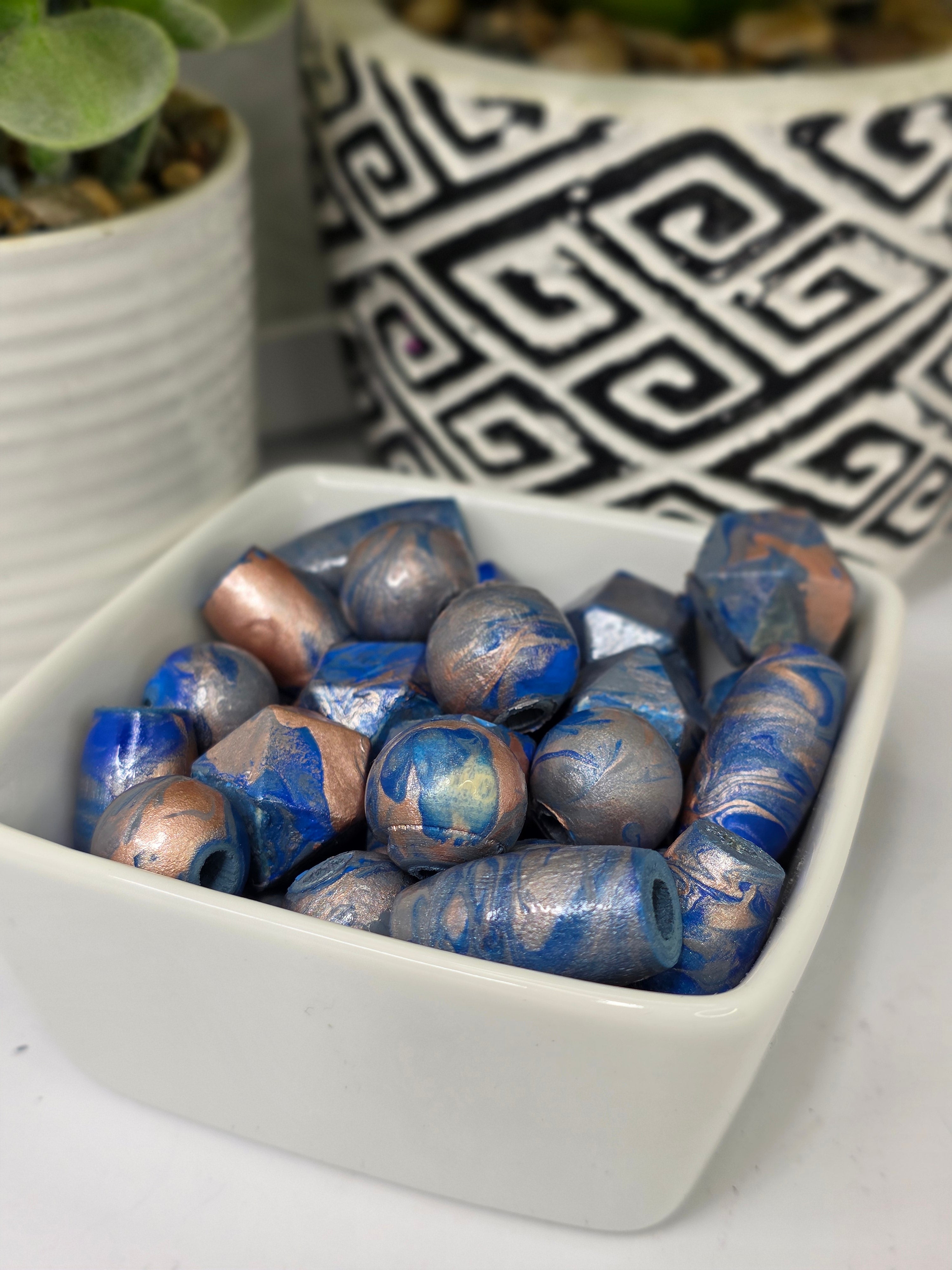 Hand Painted Wooden Beads - Royal Blue, Rose Gold Marble, Artisan Jewelry Making (12 Pack)