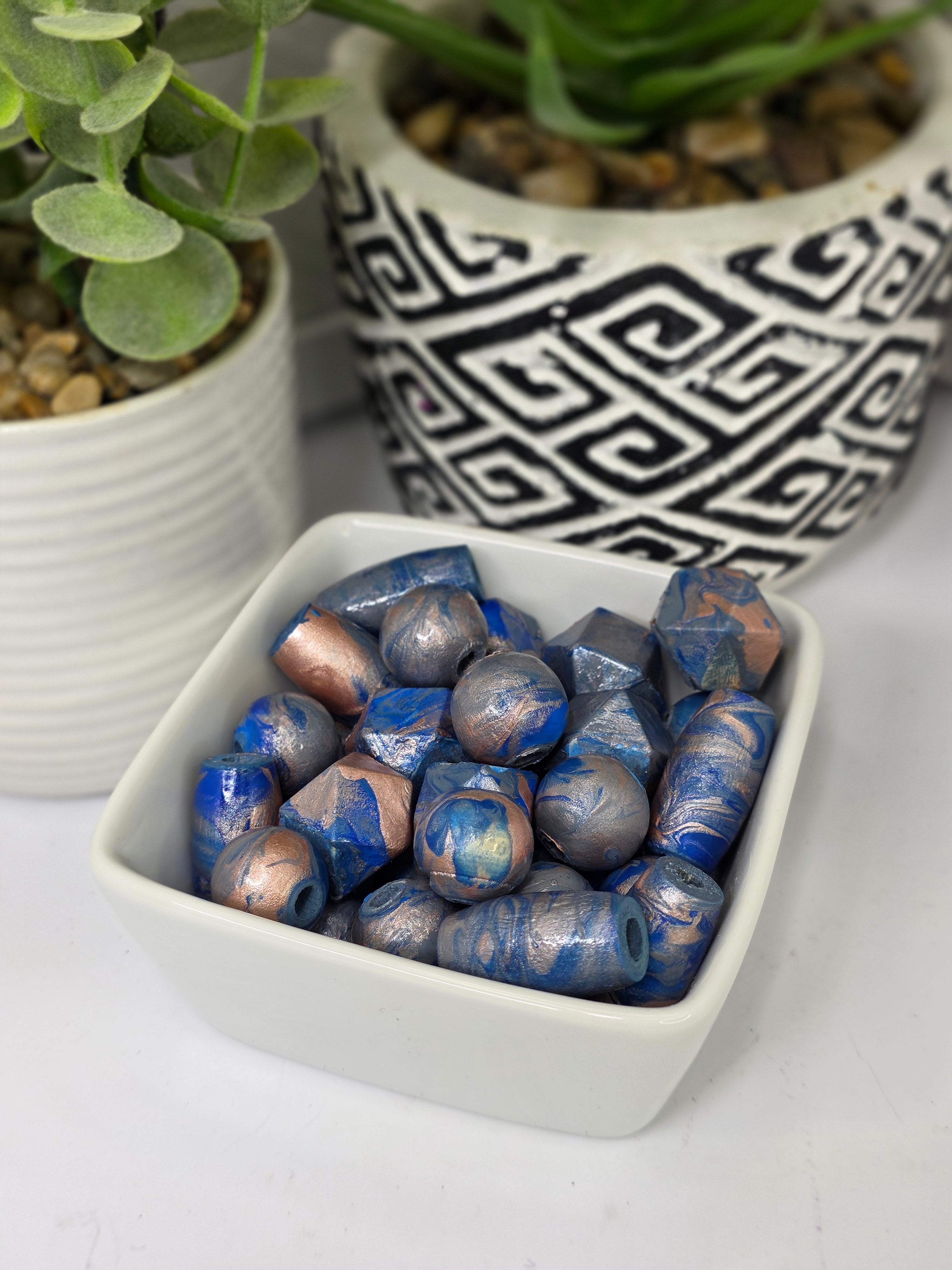 Hand Painted Wooden Beads - Royal Blue, Rose Gold Marble, Artisan Jewelry Making (12 Pack)