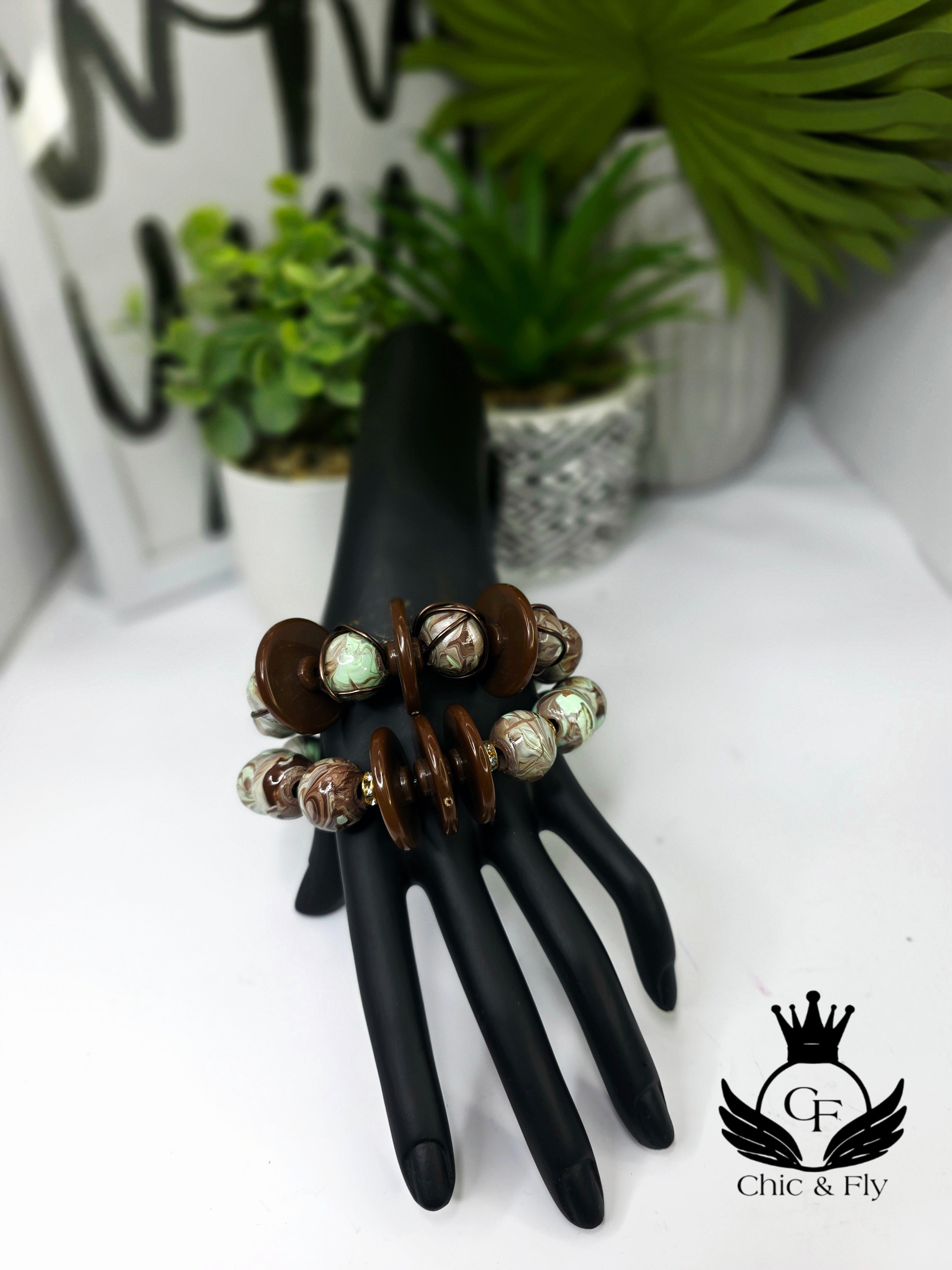 Mint and Green Hand Painted Beaded Bracelet, Colorful Artisan Statement Jewelry Gift (Copy)