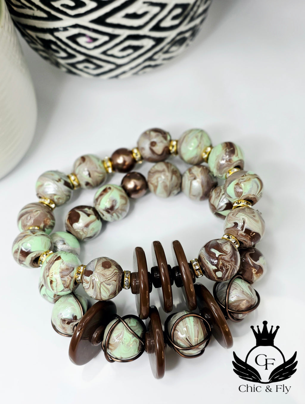 Mint and Green Hand Painted Beaded Bracelet, Colorful Artisan Statement Jewelry Gift (Copy)