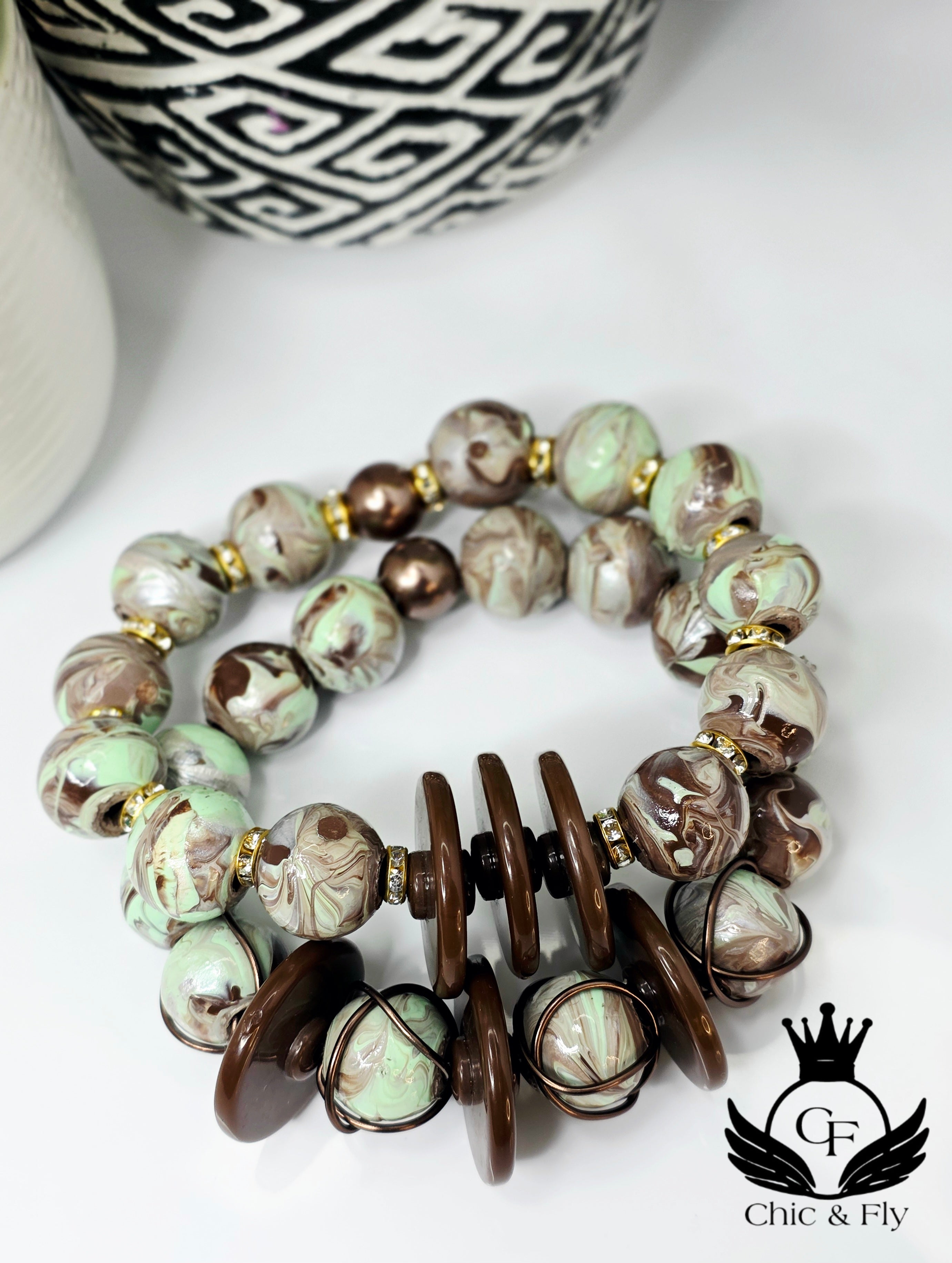 Mint and Green Hand Painted Beaded Bracelet, Colorful Artisan Statement Jewelry Gift (Copy)