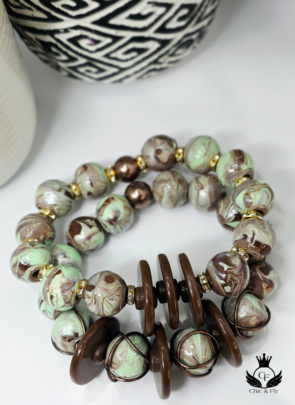 Mint and Green Hand Painted Beaded Bracelet, Colorful Artisan Statement Jewelry Gift (Copy)