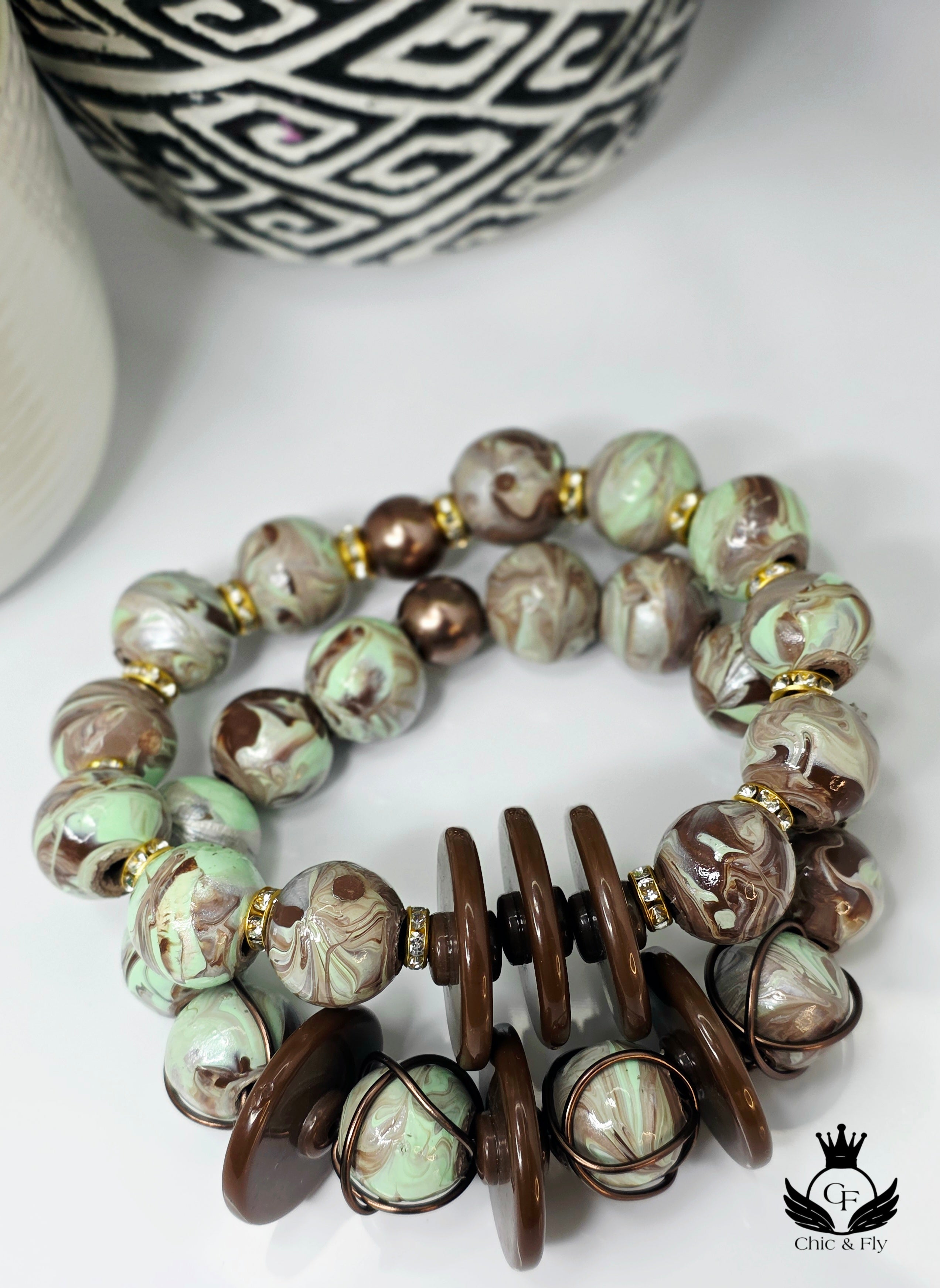 Mint and Green Hand Painted Beaded Bracelet, Colorful Artisan Statement Jewelry Gift (Copy)