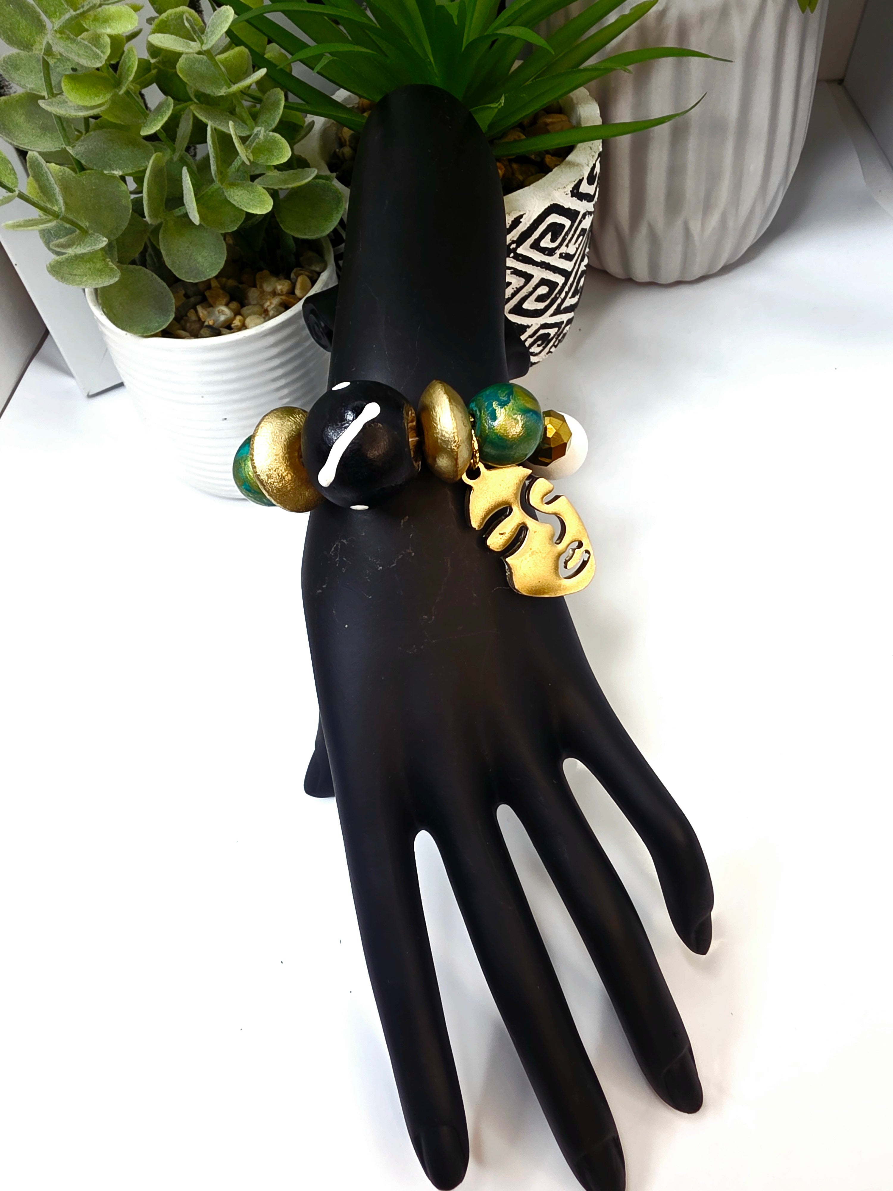 Black Gold and Green Hand Painted Beaded Bracelet, Colorful Artisan Statement Jewelry Gift