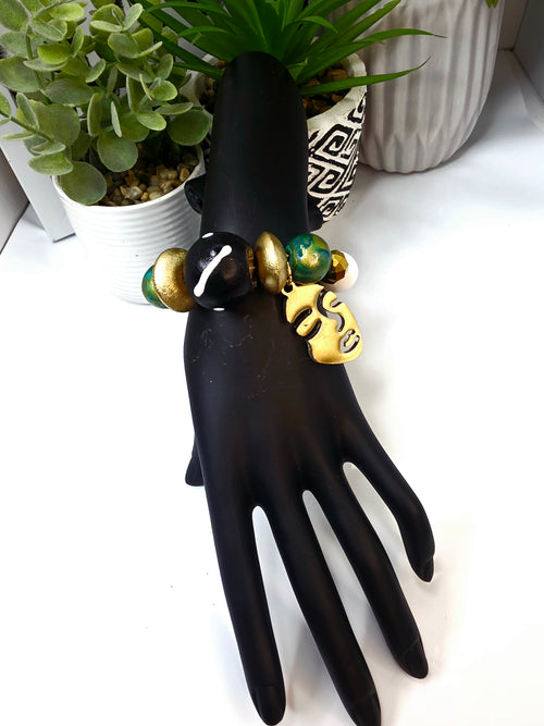 Black Gold and Green Hand Painted Beaded Bracelet, Colorful Artisan Statement Jewelry Gift