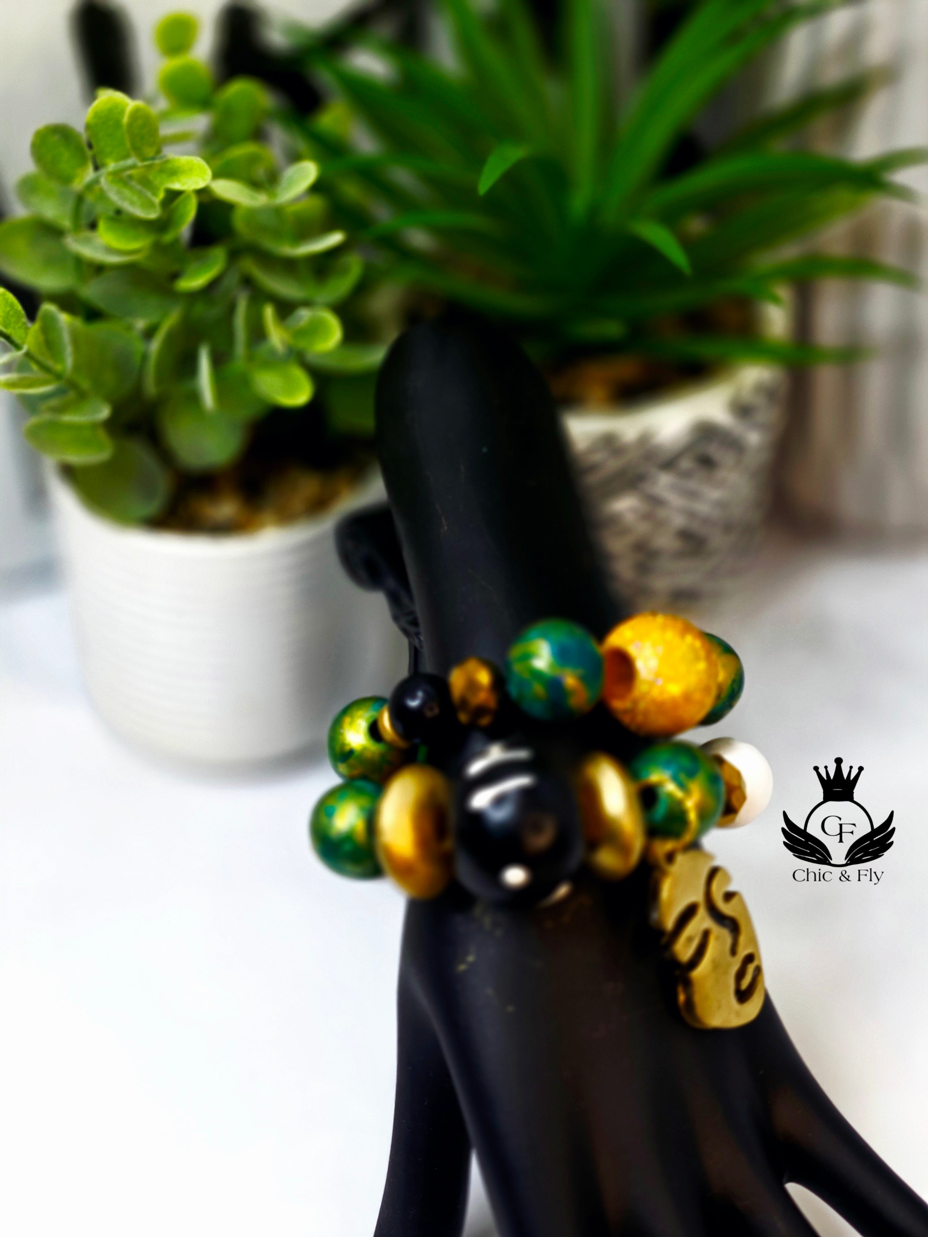 Black Gold and Green Hand Painted Beaded Bracelet, Colorful Artisan Statement Jewelry Gift