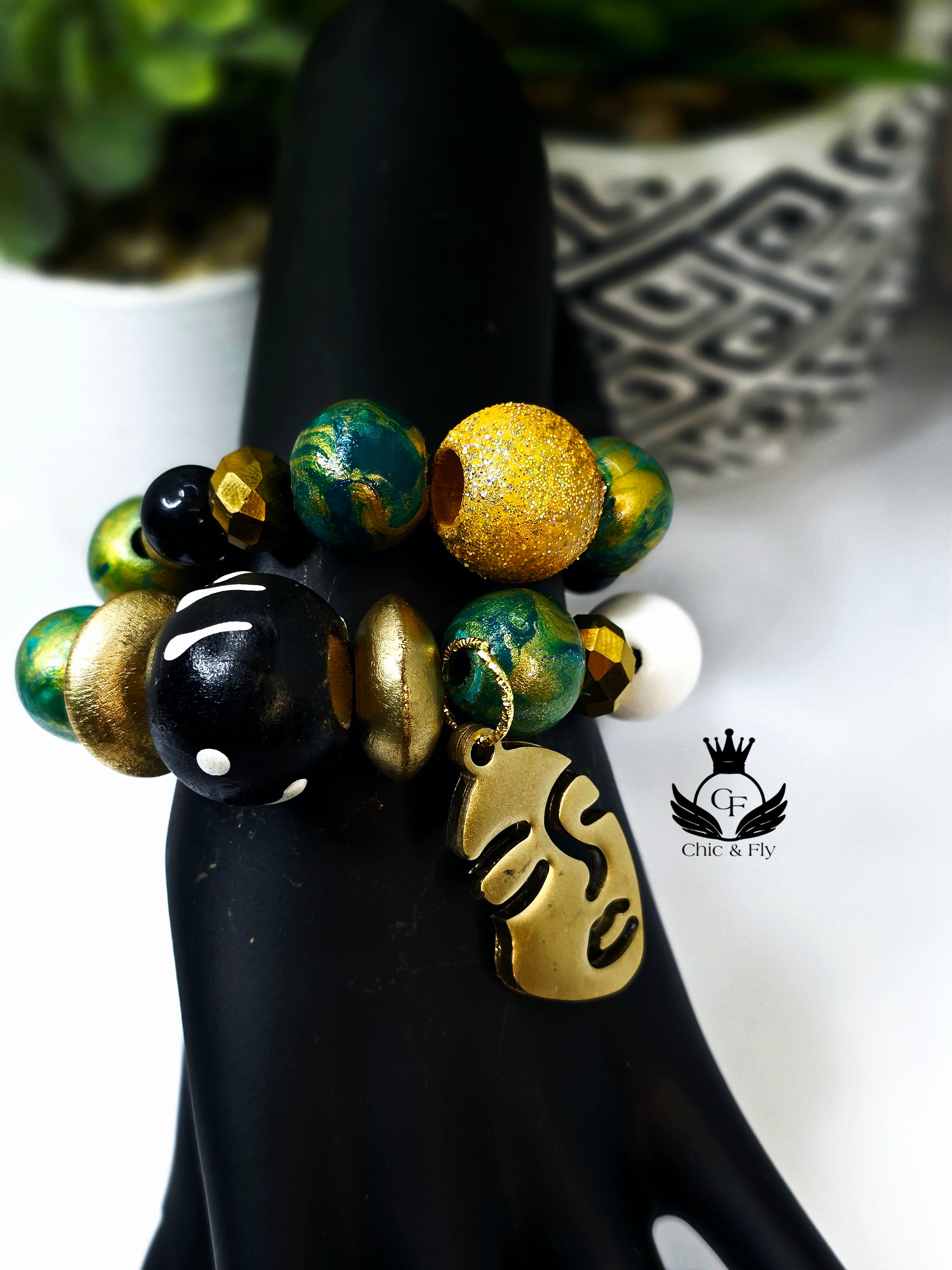 Black Gold and Green Hand Painted Beaded Bracelet, Colorful Artisan Statement Jewelry Gift