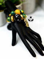 Black Gold and Green Hand Painted Beaded Bracelet, Colorful Artisan Statement Jewelry Gift