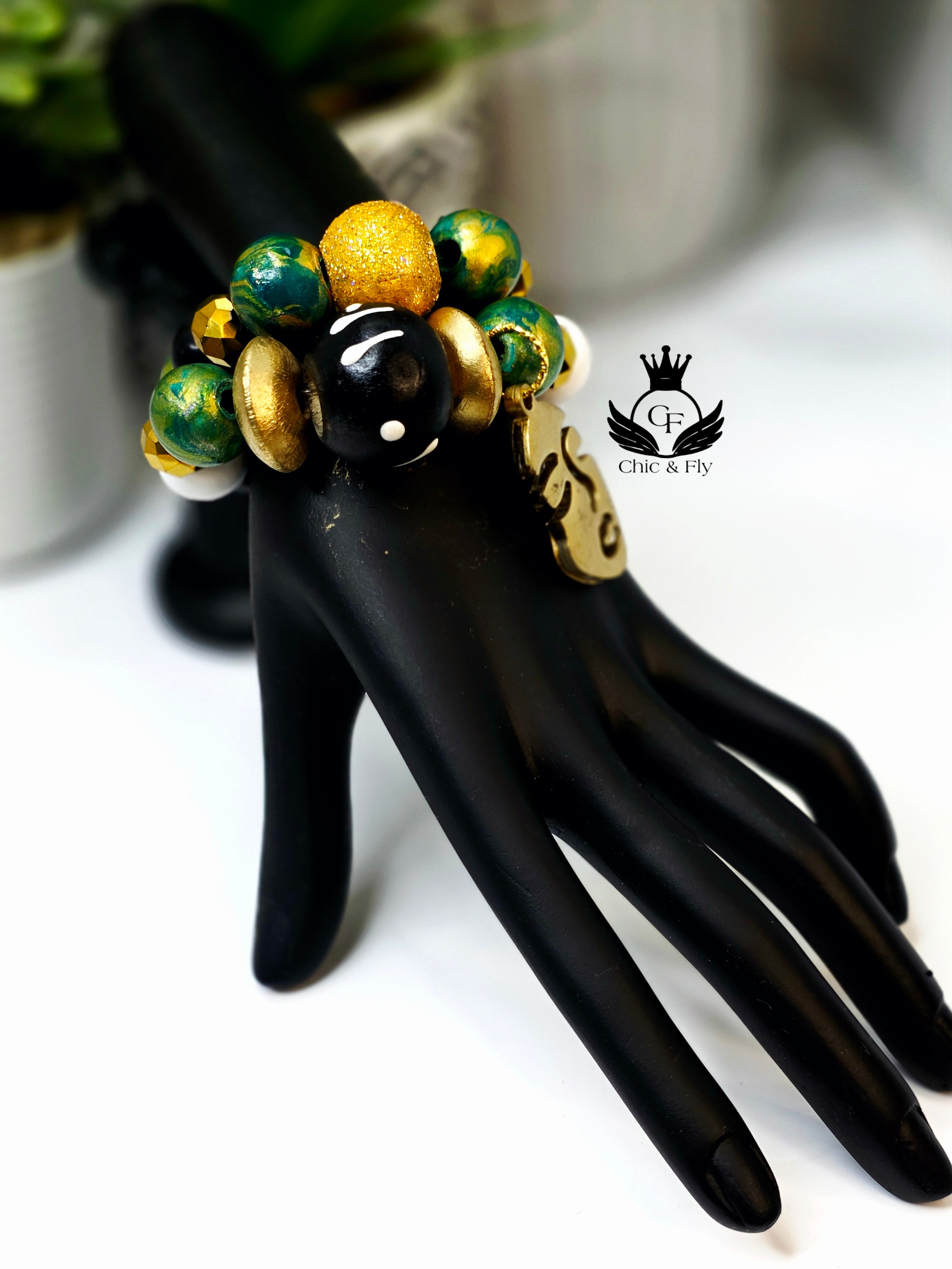 Black Gold and Green Hand Painted Beaded Bracelet, Colorful Artisan Statement Jewelry Gift