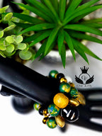 Black Gold and Green Hand Painted Beaded Bracelet, Colorful Artisan Statement Jewelry Gift