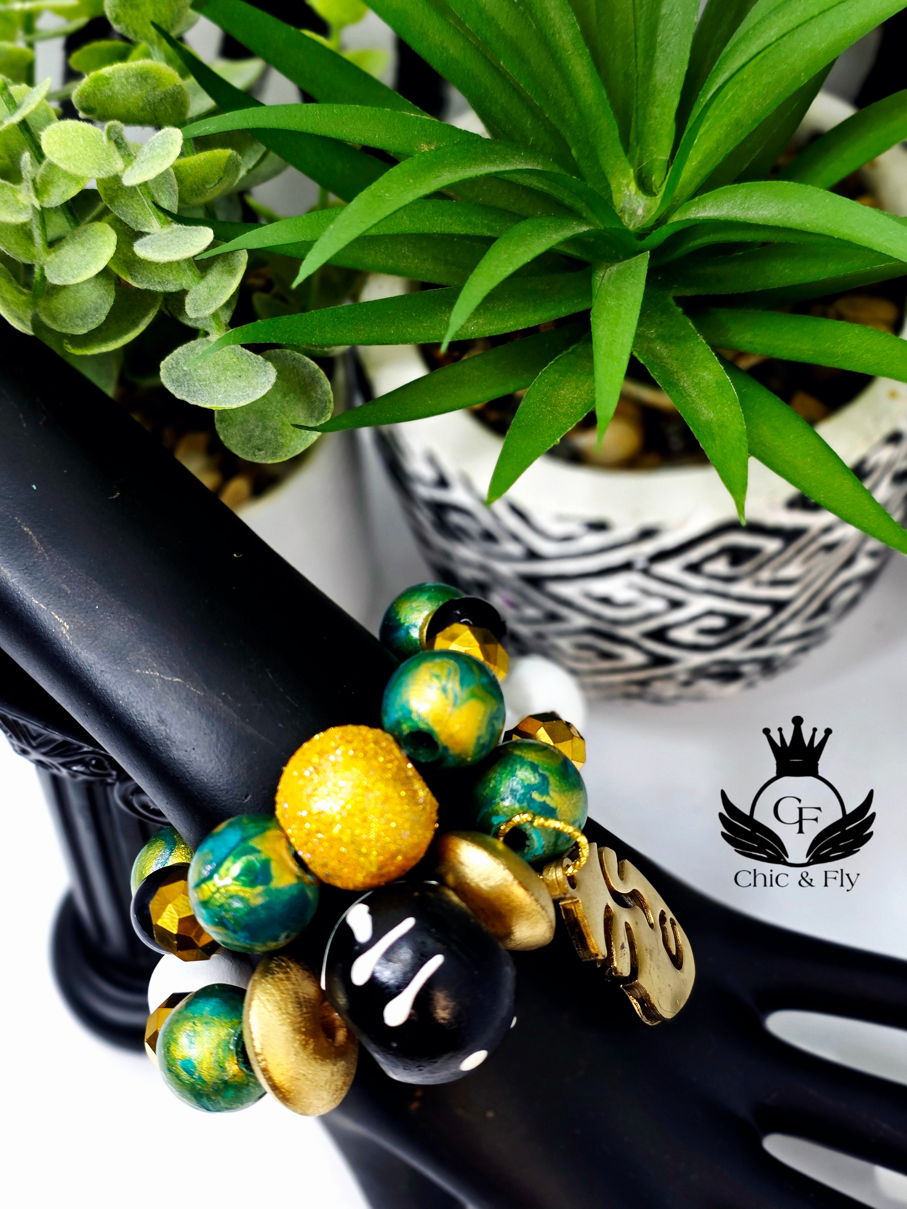 Black Gold and Green Hand Painted Beaded Bracelet, Colorful Artisan Statement Jewelry Gift
