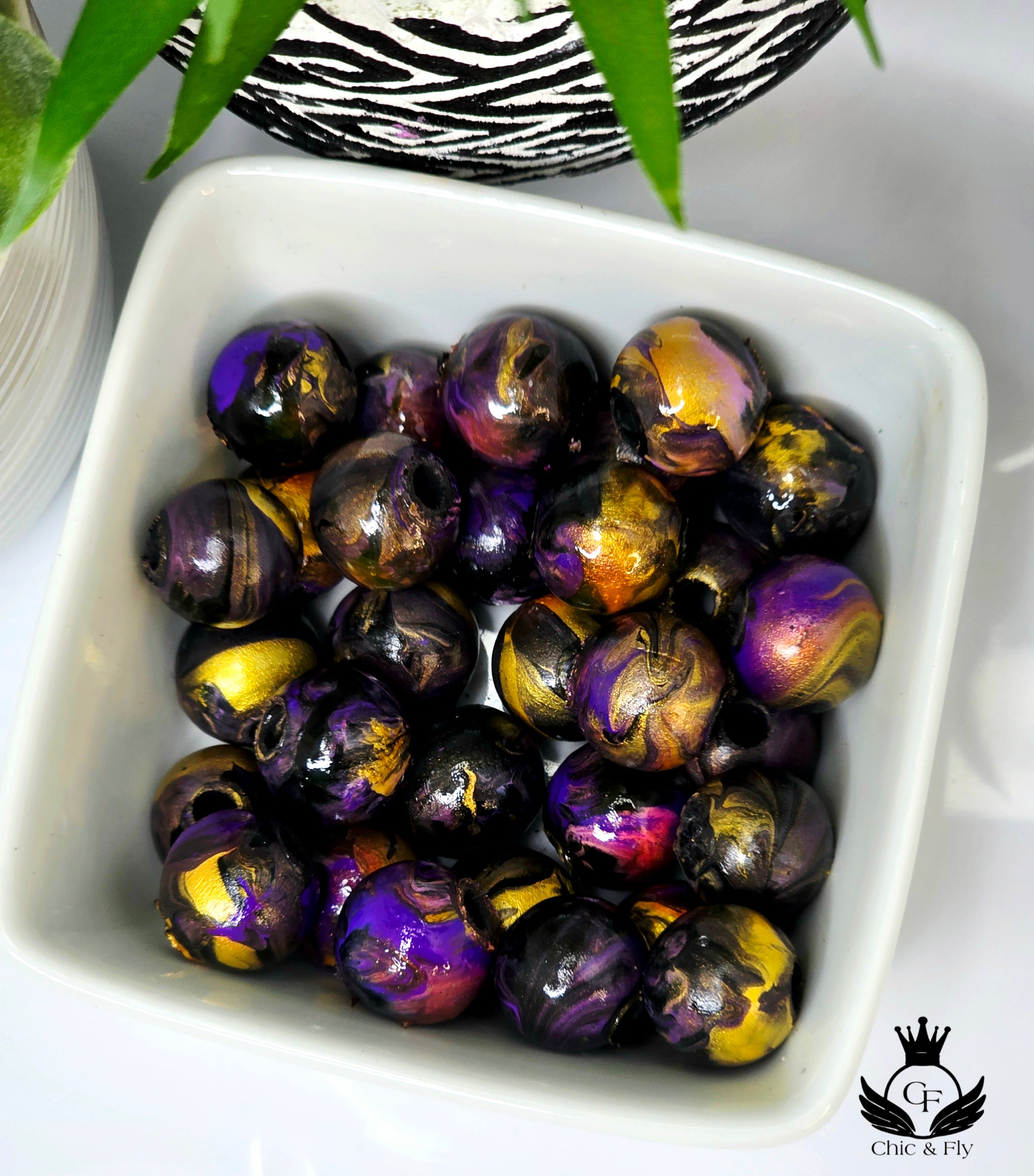 Hand Painted Wooden Beads – Purple Gold Black Marble, Jewelry Making (12 Pack)