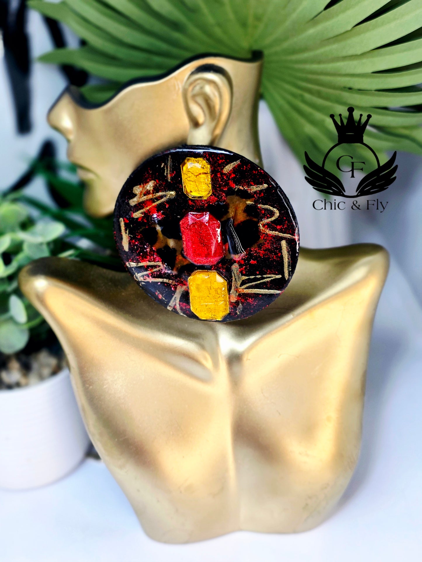 Ms.Nakita Red Black Gold Extra Large Stud Earrings