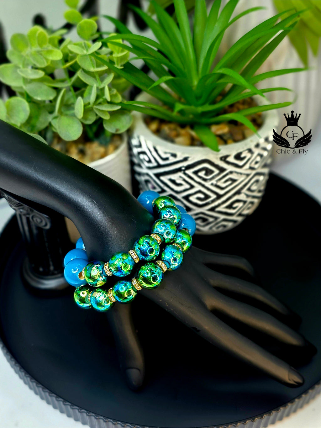 Turquoise and Metallic Green Hand Painted Beaded Bracelet, Colorful Artisan Statement Jewelry Gift