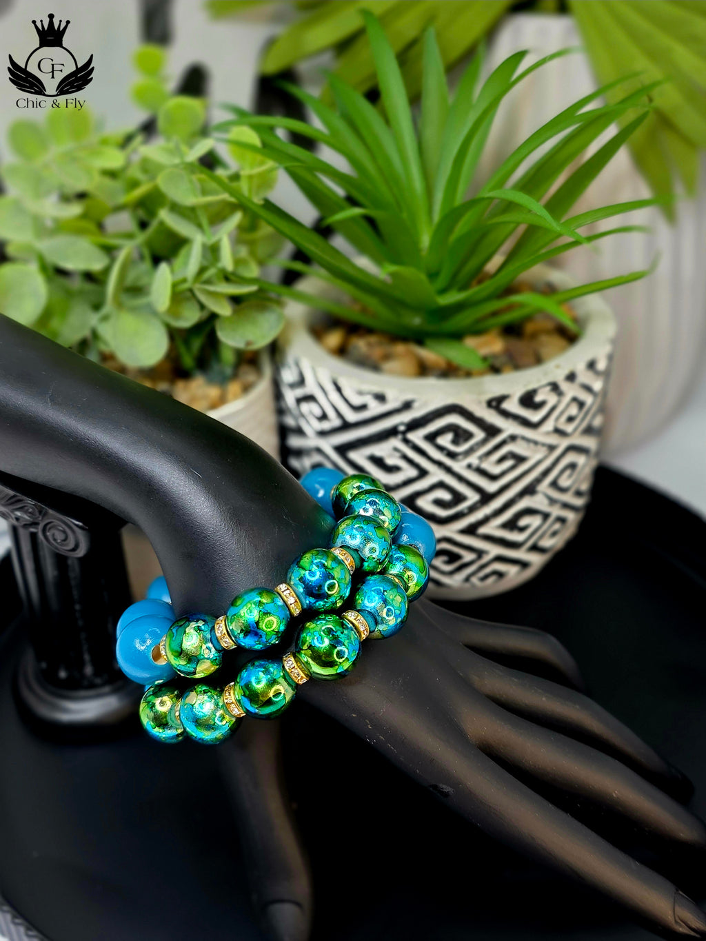 Turquoise and Metallic Green Hand Painted Beaded Bracelet, Colorful Artisan Statement Jewelry Gift
