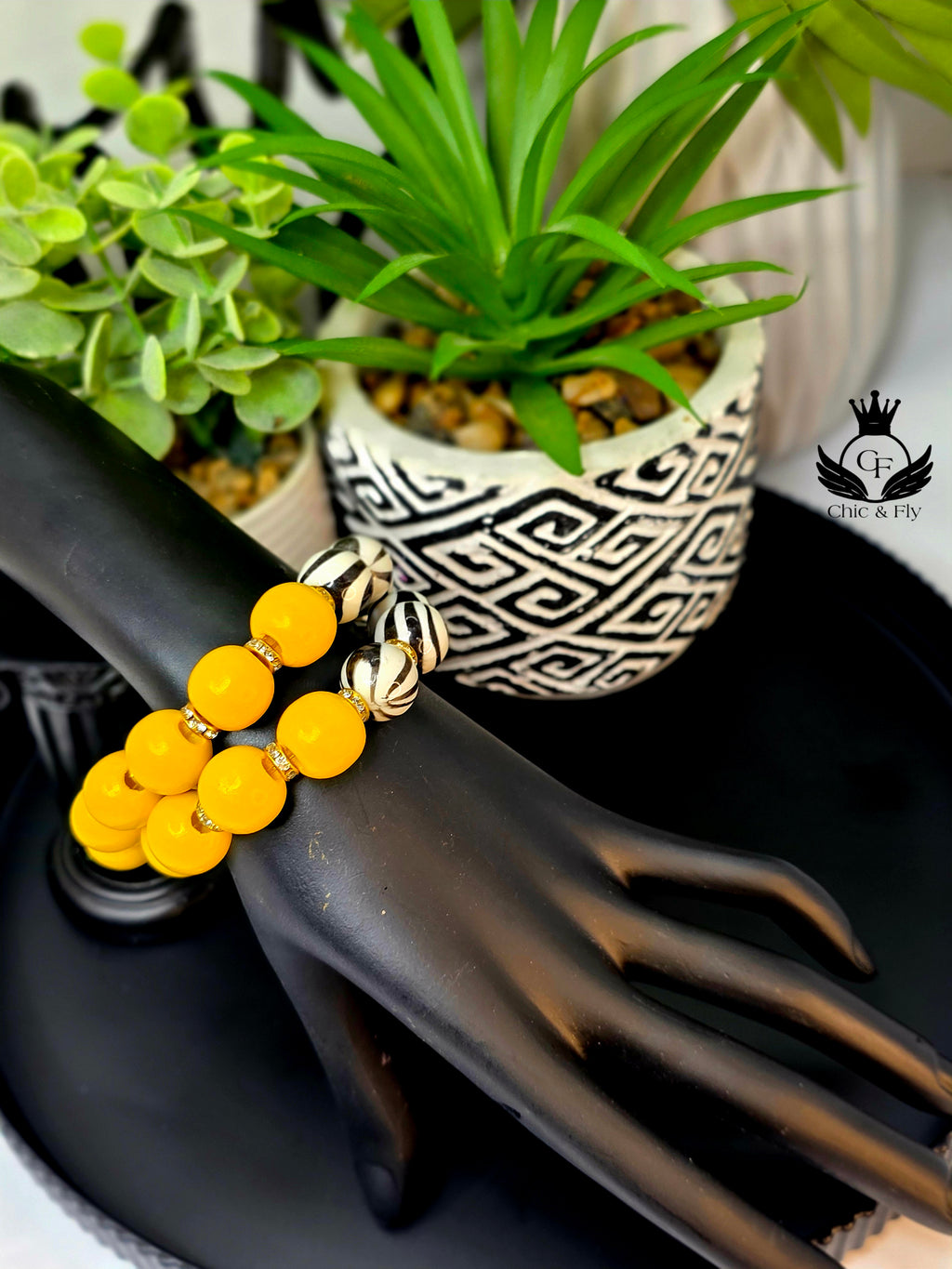 Black and Yellow Hand Painted Beaded Bracelet, Colorful Artisan Statement Jewelry Gift